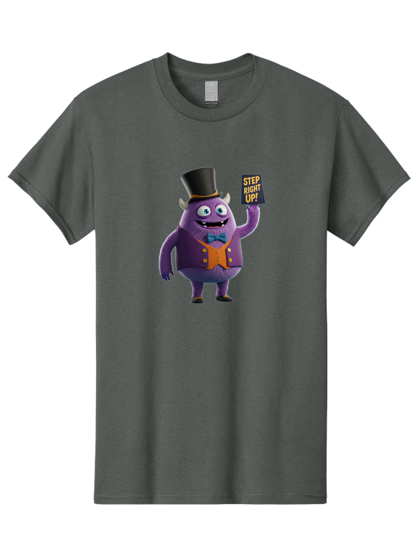 Step-Right-Up-2 Men'S Graphic Tee, 100% Cotton, Comfortable Casual Summer Wear, Machine Washable, Cartoon Monster, Purple Creature, Top Hat, Orange Waistcoat, Blue Bow Tie, Playful Character, Eye-Catching Graphics, Vibrant Colors, Bad722