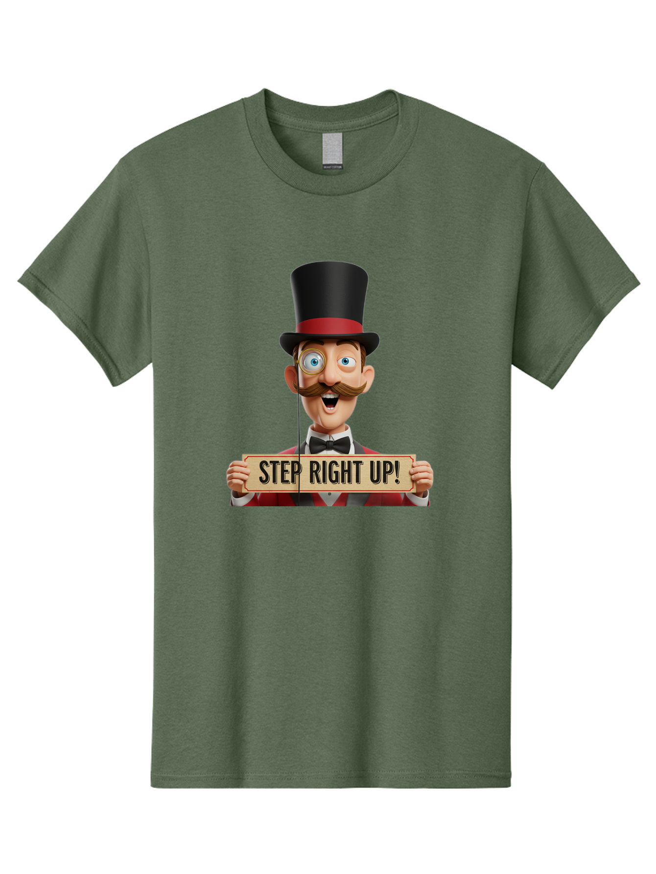 Step-Right-Up-3 Men'S Graphic Tee, 100% Cotton, Comfortable Casual Summer Wear, Machine Washable, Cartoon Ringmaster, Top Hat, Red Jacket, Green Vest, Vintage Style, Step Right Up Banner, Carnival Barker, Circus Theme, Victorian Era Fashion, Bad723