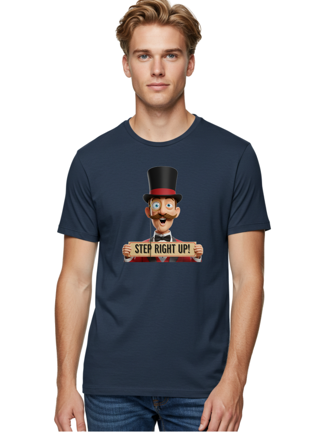 Step-Right-Up-3 Men'S Graphic Tee, 100% Cotton, Comfortable Casual Summer Wear, Machine Washable, Cartoon Ringmaster, Top Hat, Red Jacket, Green Vest, Vintage Style, Step Right Up Banner, Carnival Barker, Circus Theme, Victorian Era Fashion, Bad723