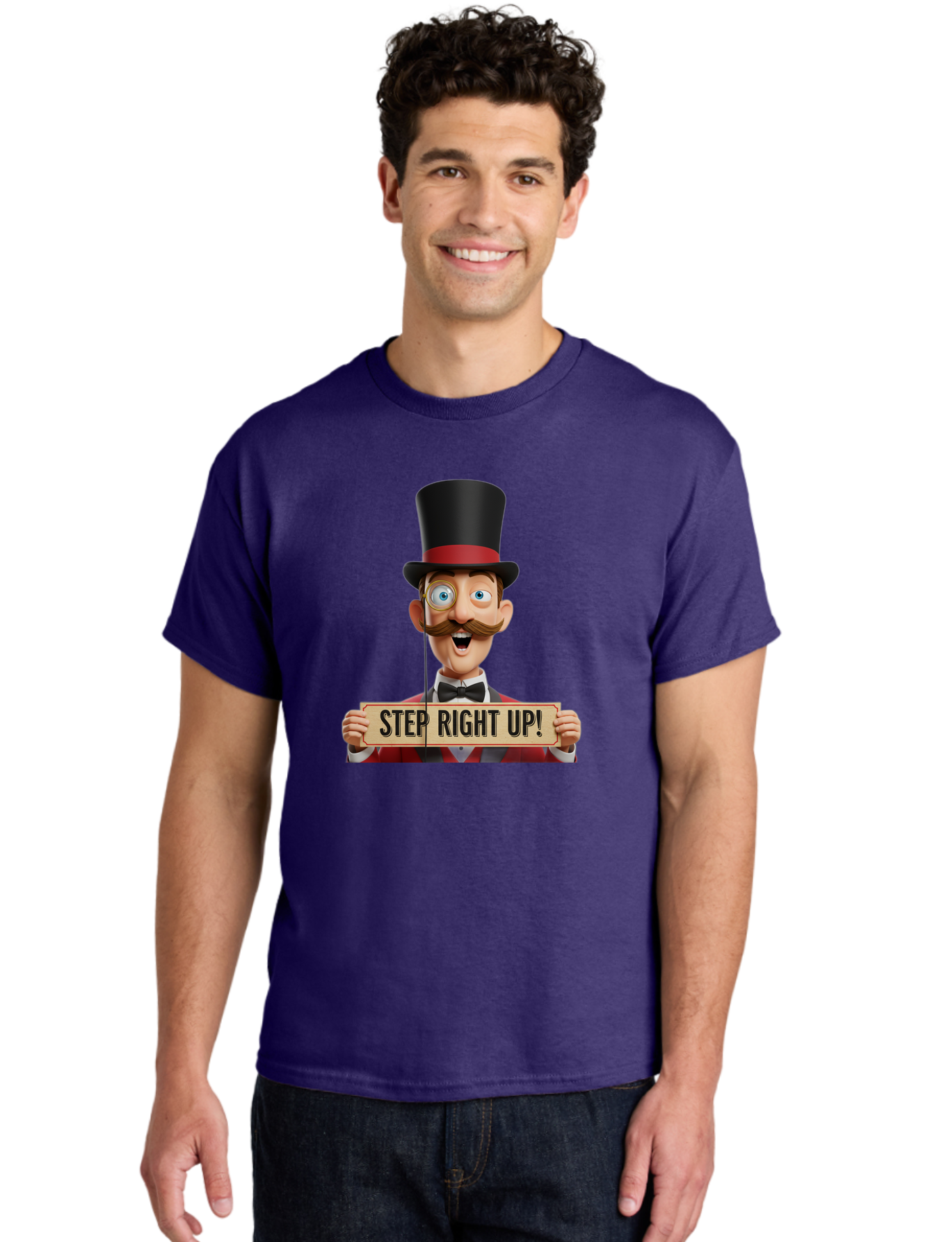Step-Right-Up-3 Men'S Graphic Tee, 100% Cotton, Comfortable Casual Summer Wear, Machine Washable, Cartoon Ringmaster, Top Hat, Red Jacket, Green Vest, Vintage Style, Step Right Up Banner, Carnival Barker, Circus Theme, Victorian Era Fashion, Bad723