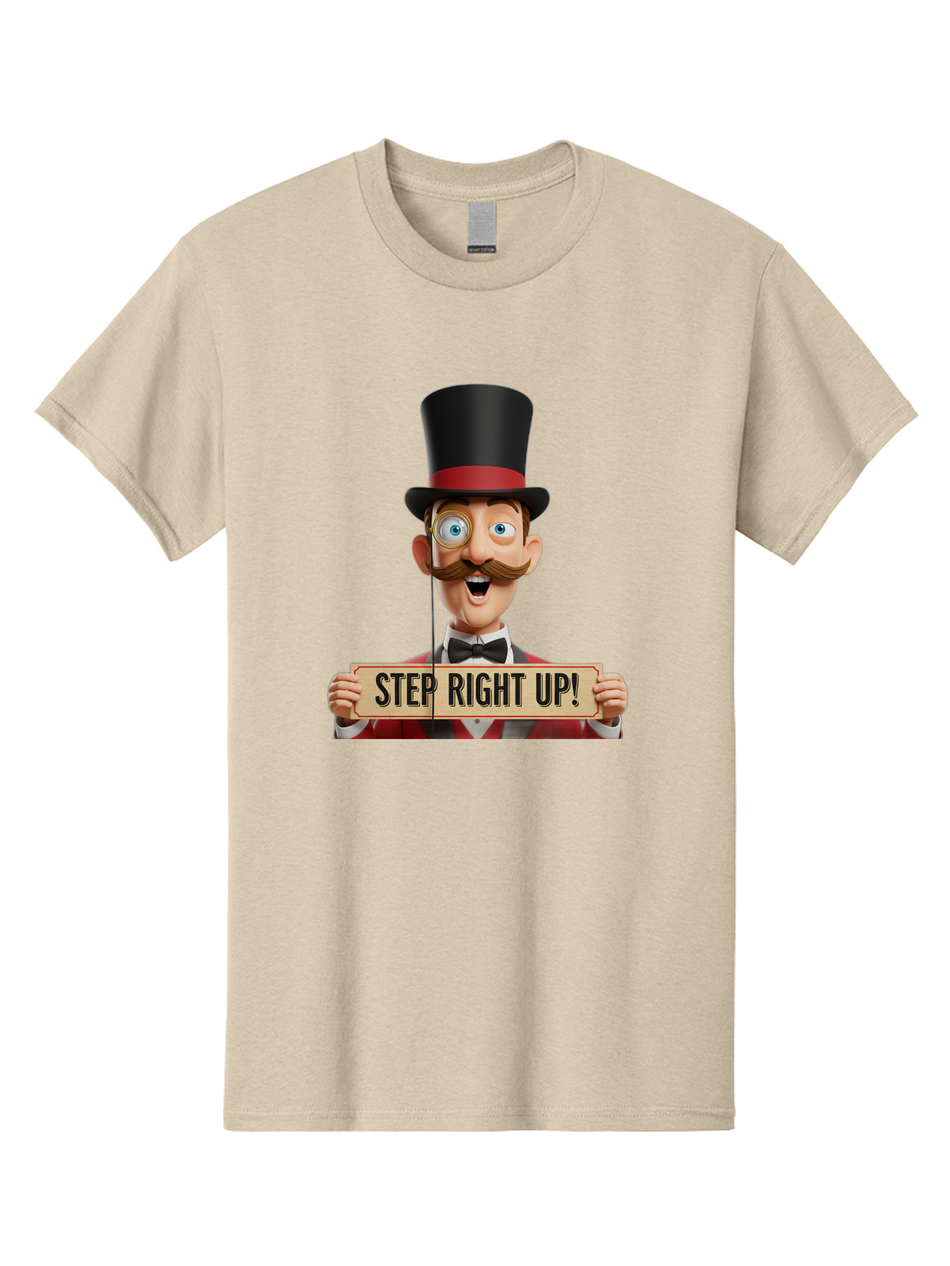 Step-Right-Up-3 Men'S Graphic Tee, 100% Cotton, Comfortable Casual Summer Wear, Machine Washable, Cartoon Ringmaster, Top Hat, Red Jacket, Green Vest, Vintage Style, Step Right Up Banner, Carnival Barker, Circus Theme, Victorian Era Fashion, Bad723