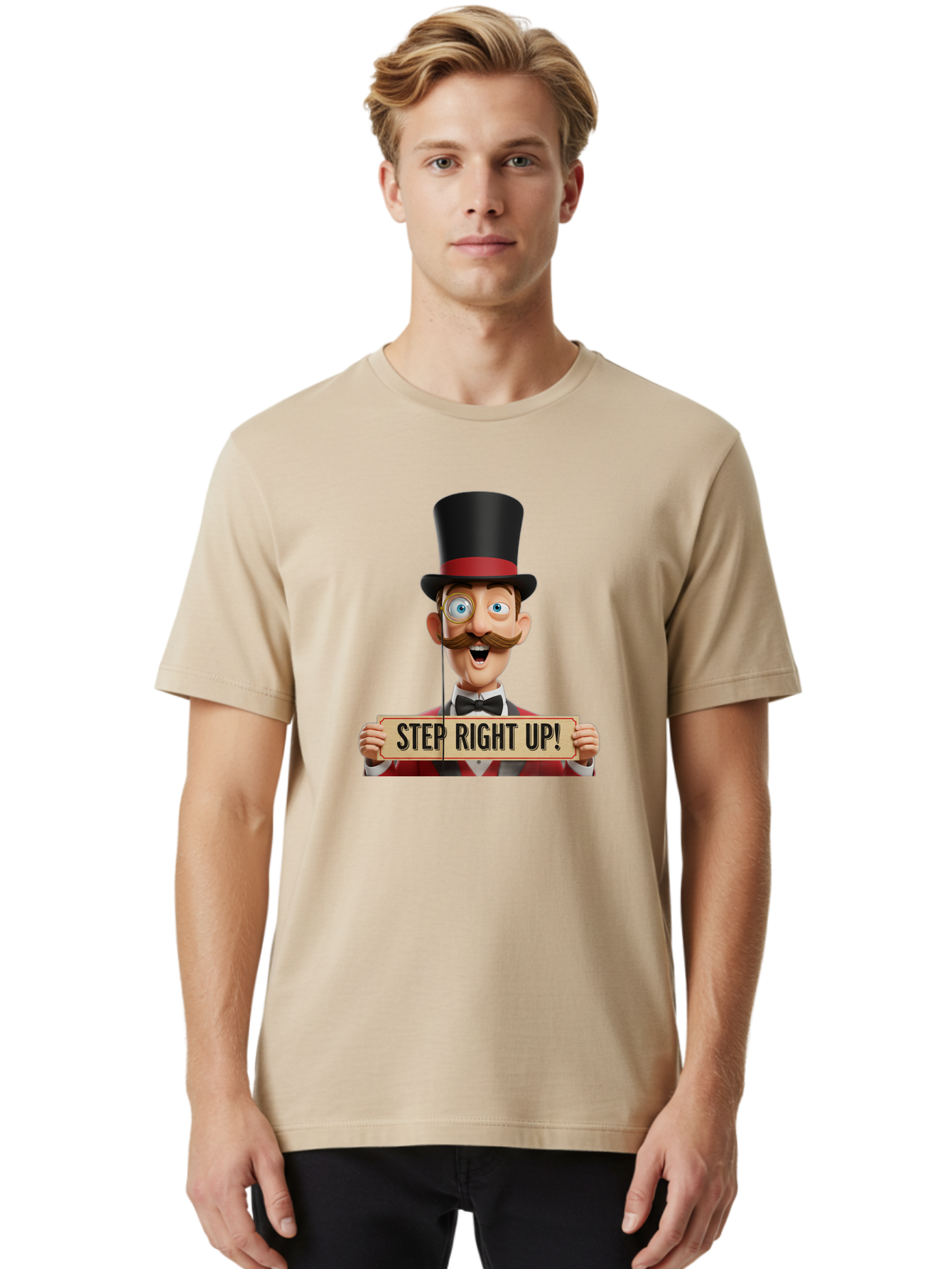 Step-Right-Up-3 Men'S Graphic Tee, 100% Cotton, Comfortable Casual Summer Wear, Machine Washable, Cartoon Ringmaster, Top Hat, Red Jacket, Green Vest, Vintage Style, Step Right Up Banner, Carnival Barker, Circus Theme, Victorian Era Fashion, Bad723
