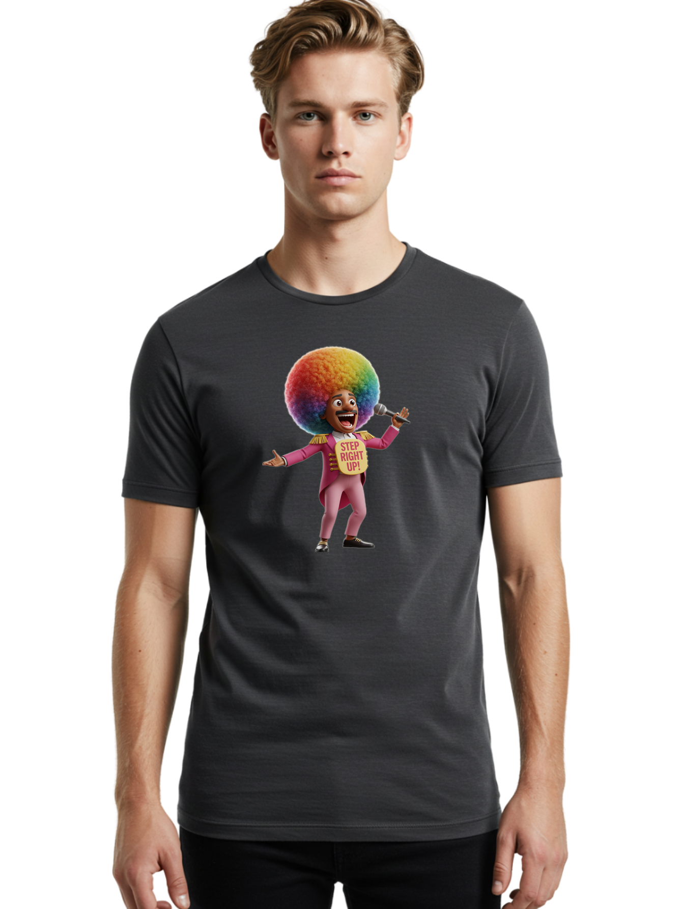 Step-Right-Up-4 Men'S Graphic Tee, 100% Cotton, Comfortable Casual Summer Wear, Machine Washable, Cartoon Character, Colorful Afro, Pink Suit, Microphone, Playful Pose, Lively Expression, Entertainer, Showmanship, Charismatic Personality, Bad724