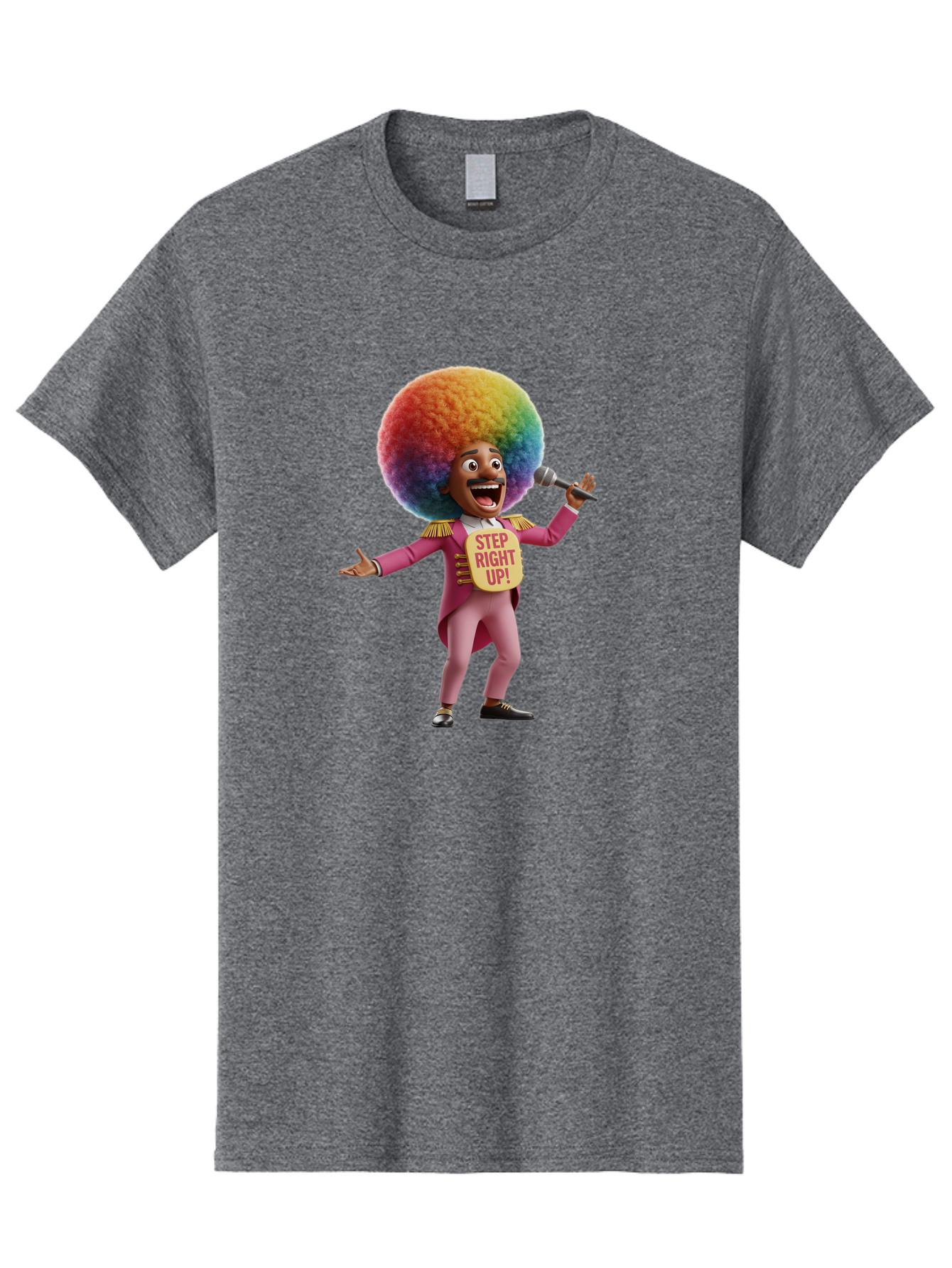 Step-Right-Up-4 Men'S Graphic Tee, 100% Cotton, Comfortable Casual Summer Wear, Machine Washable, Cartoon Character, Colorful Afro, Pink Suit, Microphone, Playful Pose, Lively Expression, Entertainer, Showmanship, Charismatic Personality, Bad724
