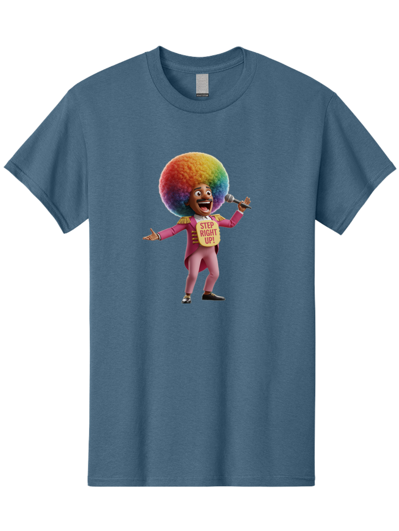Step-Right-Up-4 Men'S Graphic Tee, 100% Cotton, Comfortable Casual Summer Wear, Machine Washable, Cartoon Character, Colorful Afro, Pink Suit, Microphone, Playful Pose, Lively Expression, Entertainer, Showmanship, Charismatic Personality, Bad724