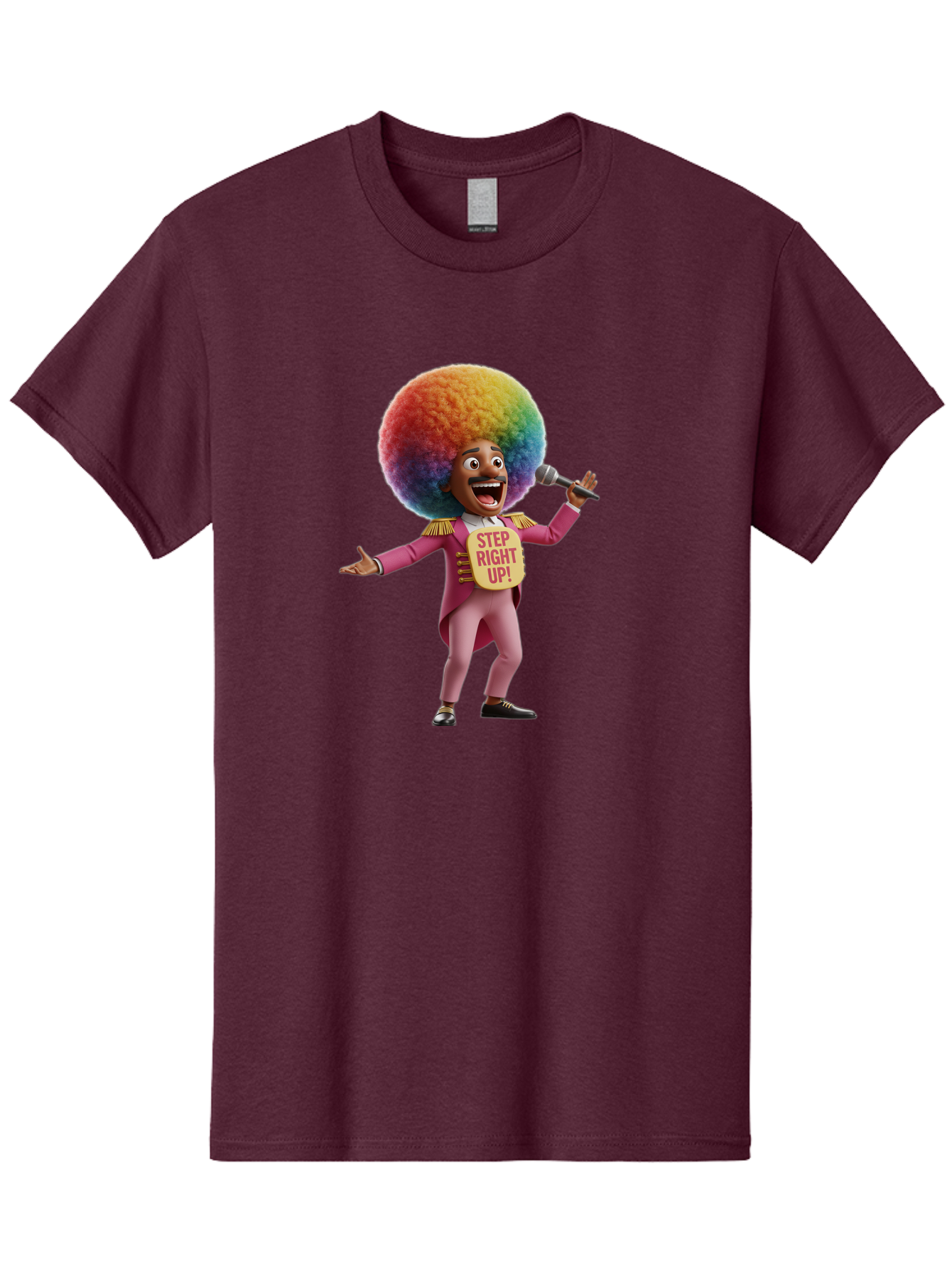 Step-Right-Up-4 Men'S Graphic Tee, 100% Cotton, Comfortable Casual Summer Wear, Machine Washable, Cartoon Character, Colorful Afro, Pink Suit, Microphone, Playful Pose, Lively Expression, Entertainer, Showmanship, Charismatic Personality, Bad724