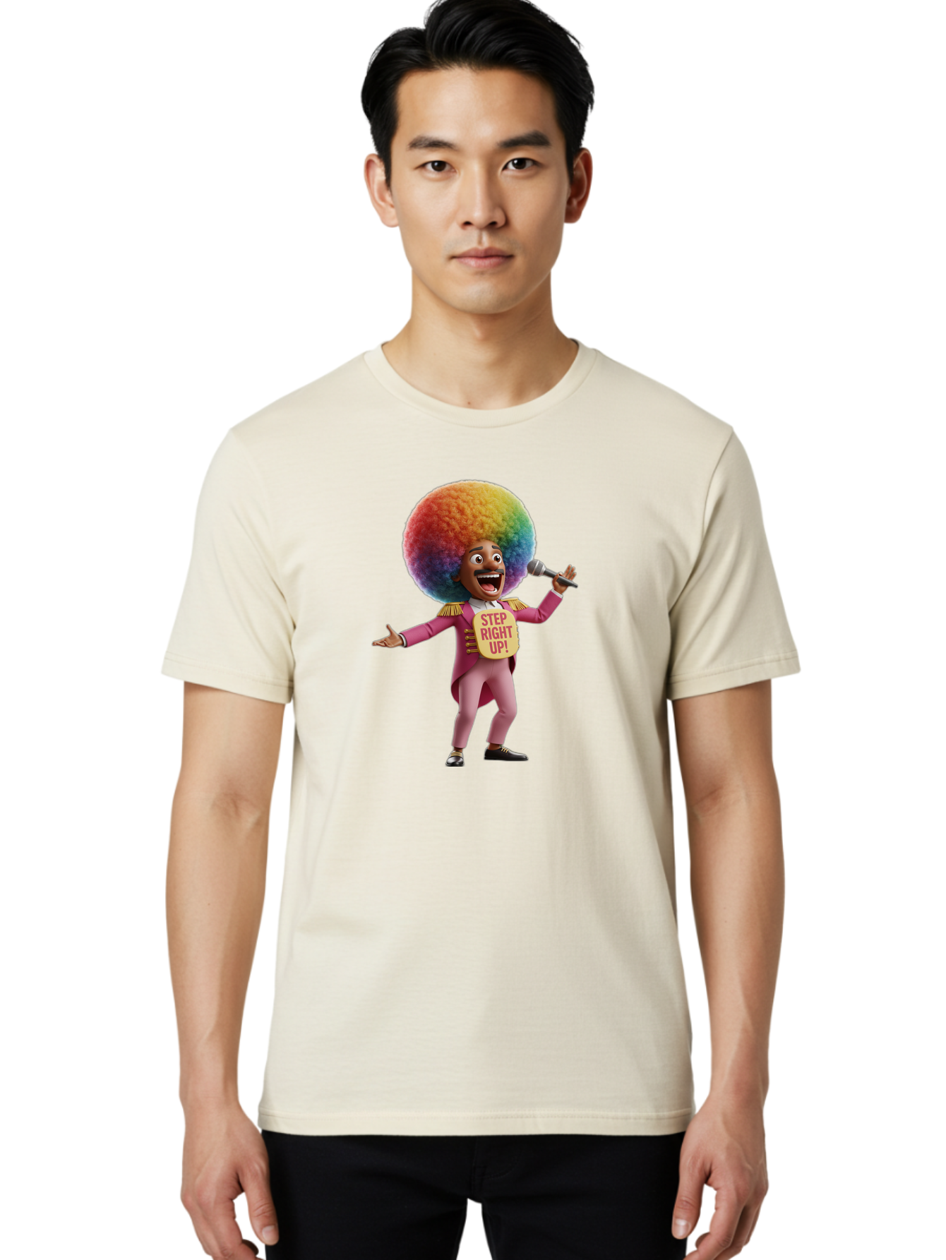 Step-Right-Up-4 Men'S Graphic Tee, 100% Cotton, Comfortable Casual Summer Wear, Machine Washable, Cartoon Character, Colorful Afro, Pink Suit, Microphone, Playful Pose, Lively Expression, Entertainer, Showmanship, Charismatic Personality, Bad724