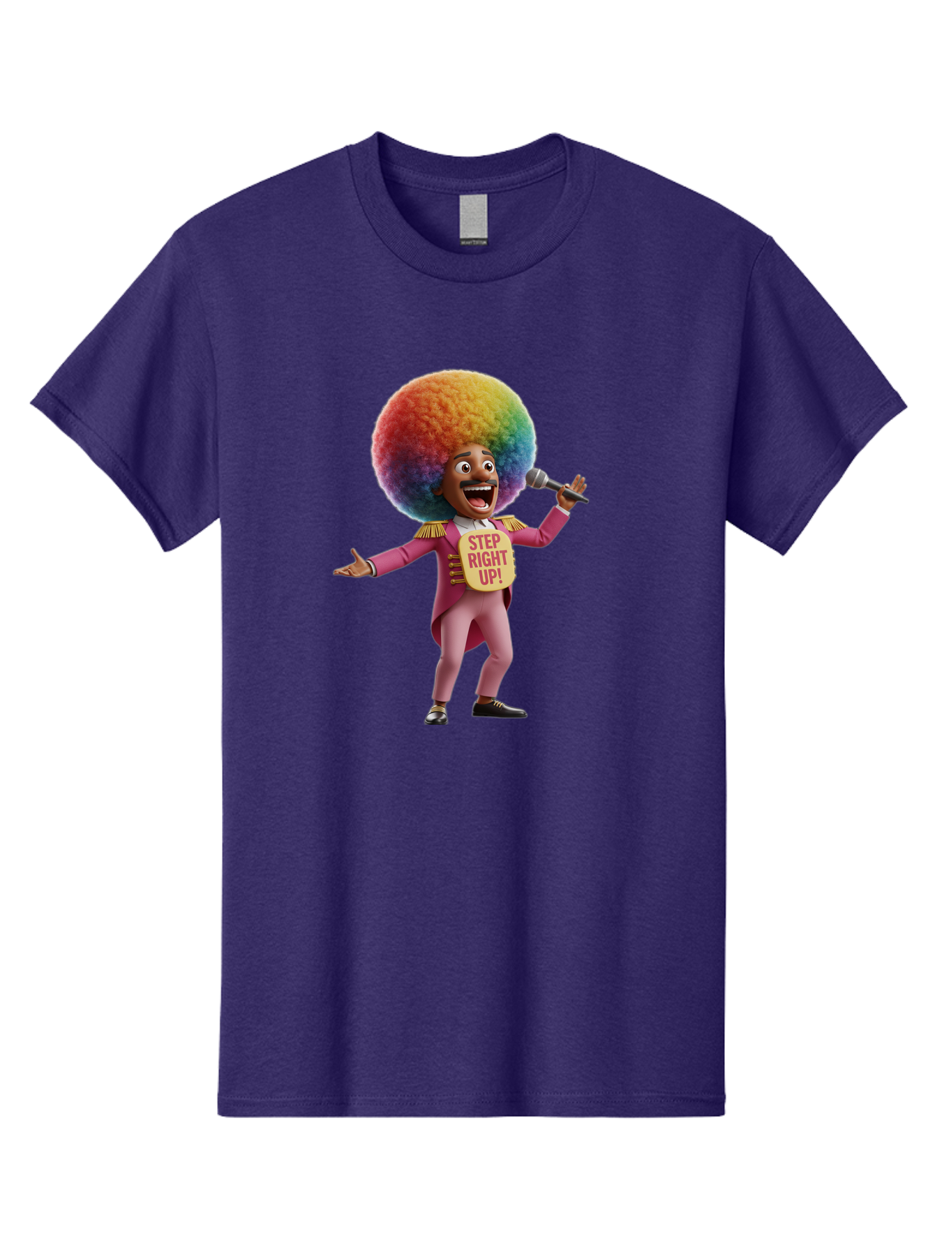 Step-Right-Up-4 Men'S Graphic Tee, 100% Cotton, Comfortable Casual Summer Wear, Machine Washable, Cartoon Character, Colorful Afro, Pink Suit, Microphone, Playful Pose, Lively Expression, Entertainer, Showmanship, Charismatic Personality, Bad724