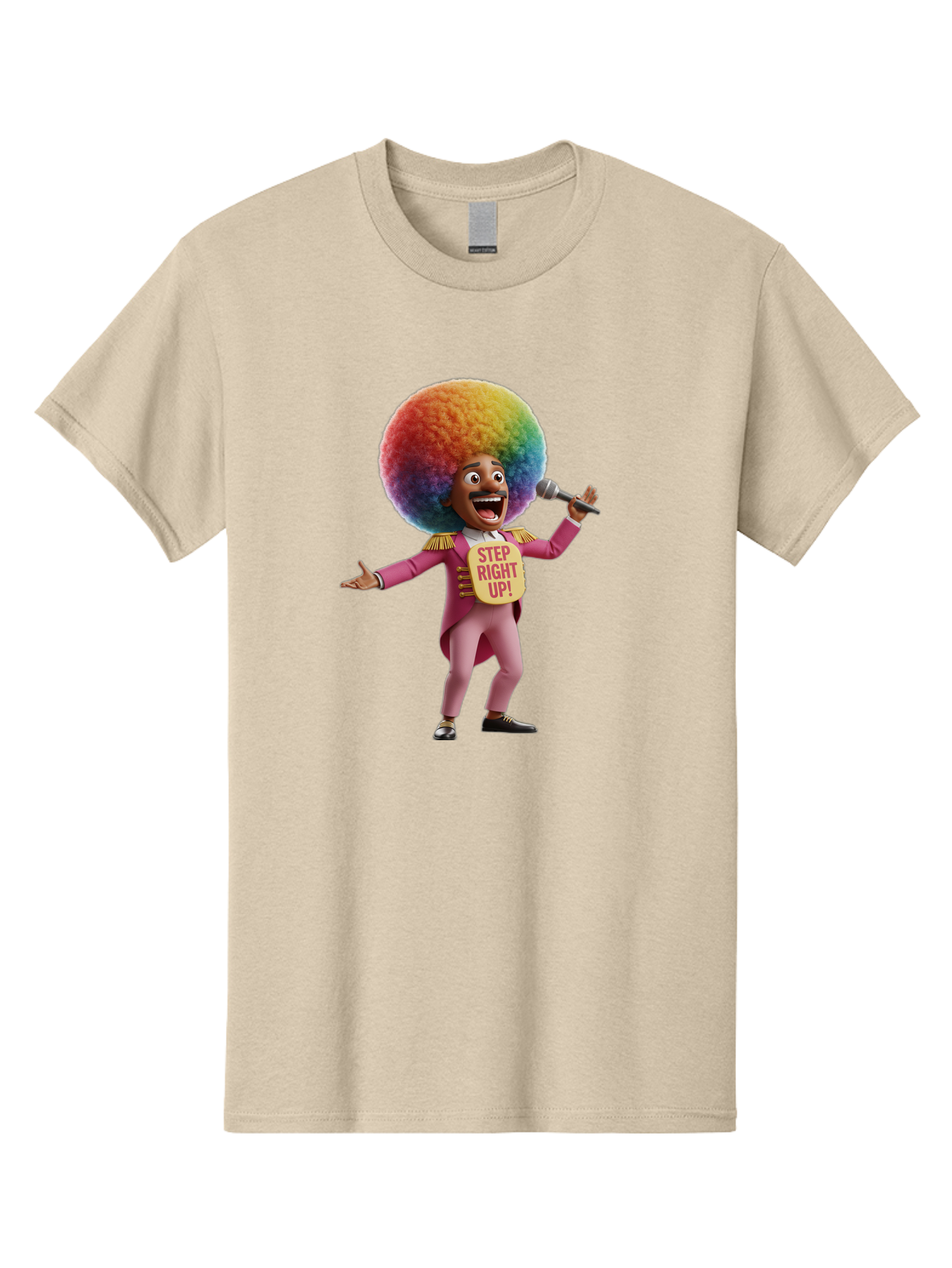 Step-Right-Up-4 Men'S Graphic Tee, 100% Cotton, Comfortable Casual Summer Wear, Machine Washable, Cartoon Character, Colorful Afro, Pink Suit, Microphone, Playful Pose, Lively Expression, Entertainer, Showmanship, Charismatic Personality, Bad724