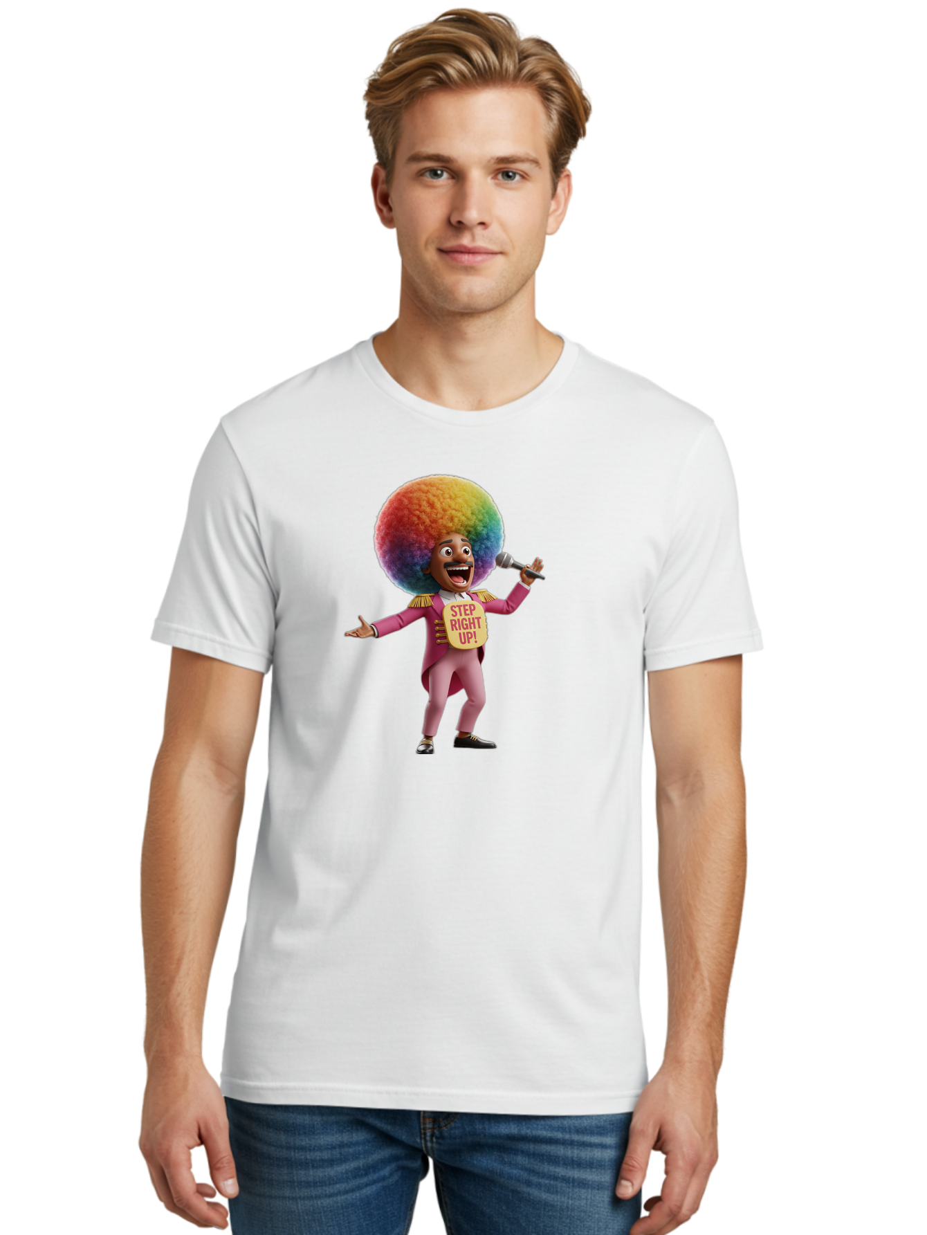 Step-Right-Up-4 Men'S Graphic Tee, 100% Cotton, Comfortable Casual Summer Wear, Machine Washable, Cartoon Character, Colorful Afro, Pink Suit, Microphone, Playful Pose, Lively Expression, Entertainer, Showmanship, Charismatic Personality, Bad724