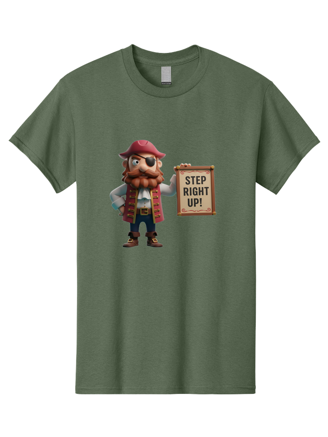 Step-Right-Up Men'S Graphic Tee, 100% Cotton, Comfortable Casual Summer Wear, Machine Washable, Pirate Character, Cartoon Illustration, Step Right Up Sign, Pirate Costume, Red Hat, Eye Patch, Curly Beard, Vintage Style, Playful Atmosphere, Bad725
