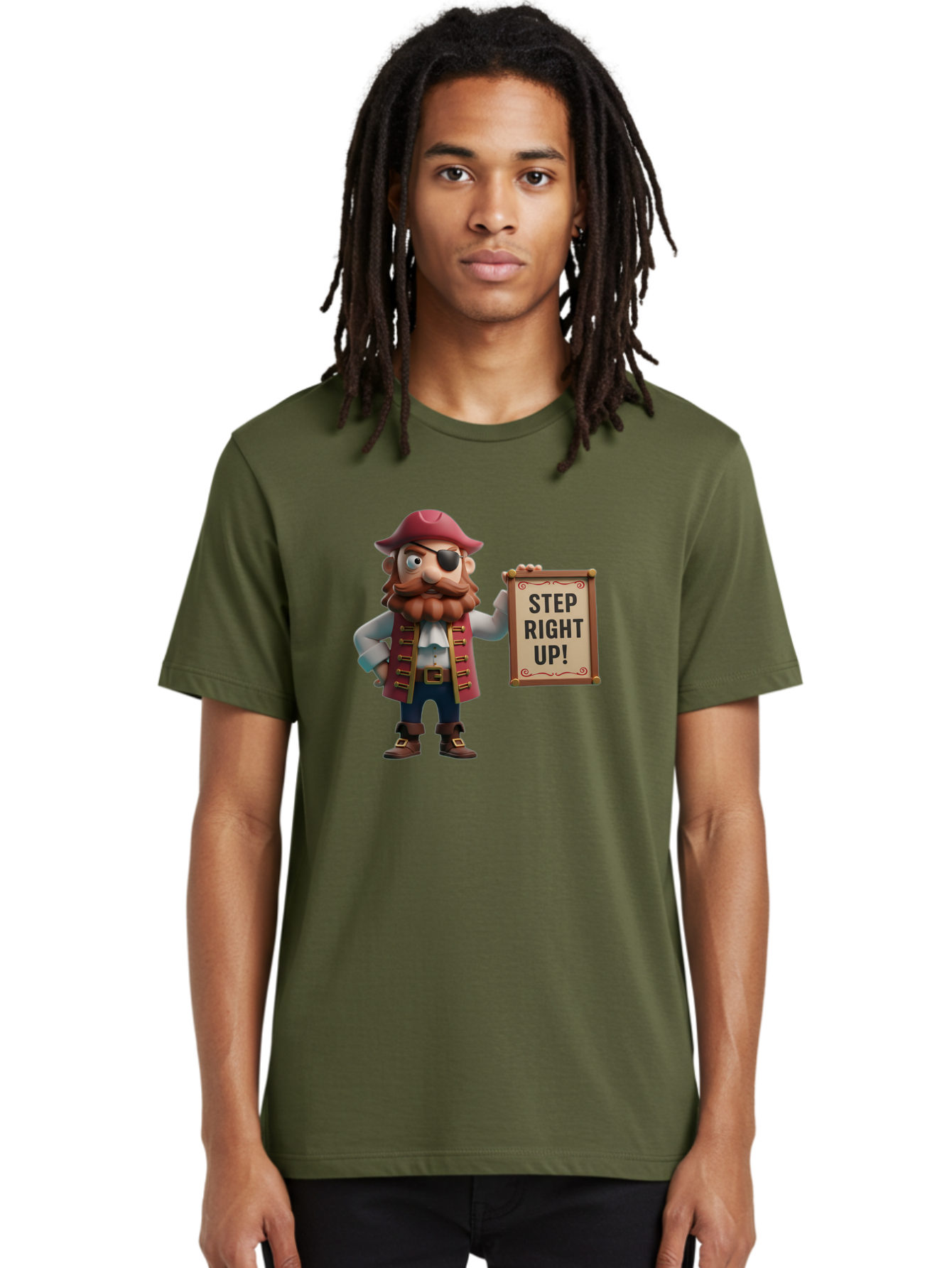 Step-Right-Up Men'S Graphic Tee, 100% Cotton, Comfortable Casual Summer Wear, Machine Washable, Pirate Character, Cartoon Illustration, Step Right Up Sign, Pirate Costume, Red Hat, Eye Patch, Curly Beard, Vintage Style, Playful Atmosphere, Bad725