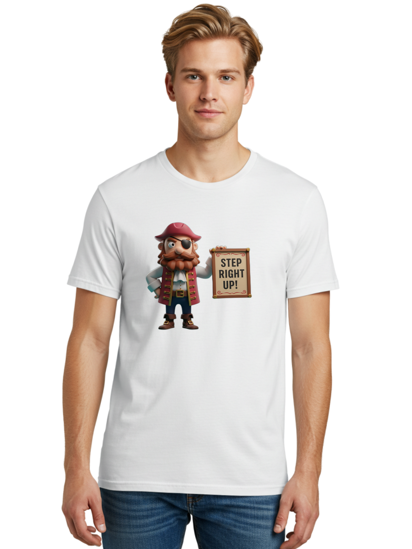 Step-Right-Up Men'S Graphic Tee, 100% Cotton, Comfortable Casual Summer Wear, Machine Washable, Pirate Character, Cartoon Illustration, Step Right Up Sign, Pirate Costume, Red Hat, Eye Patch, Curly Beard, Vintage Style, Playful Atmosphere, Bad725