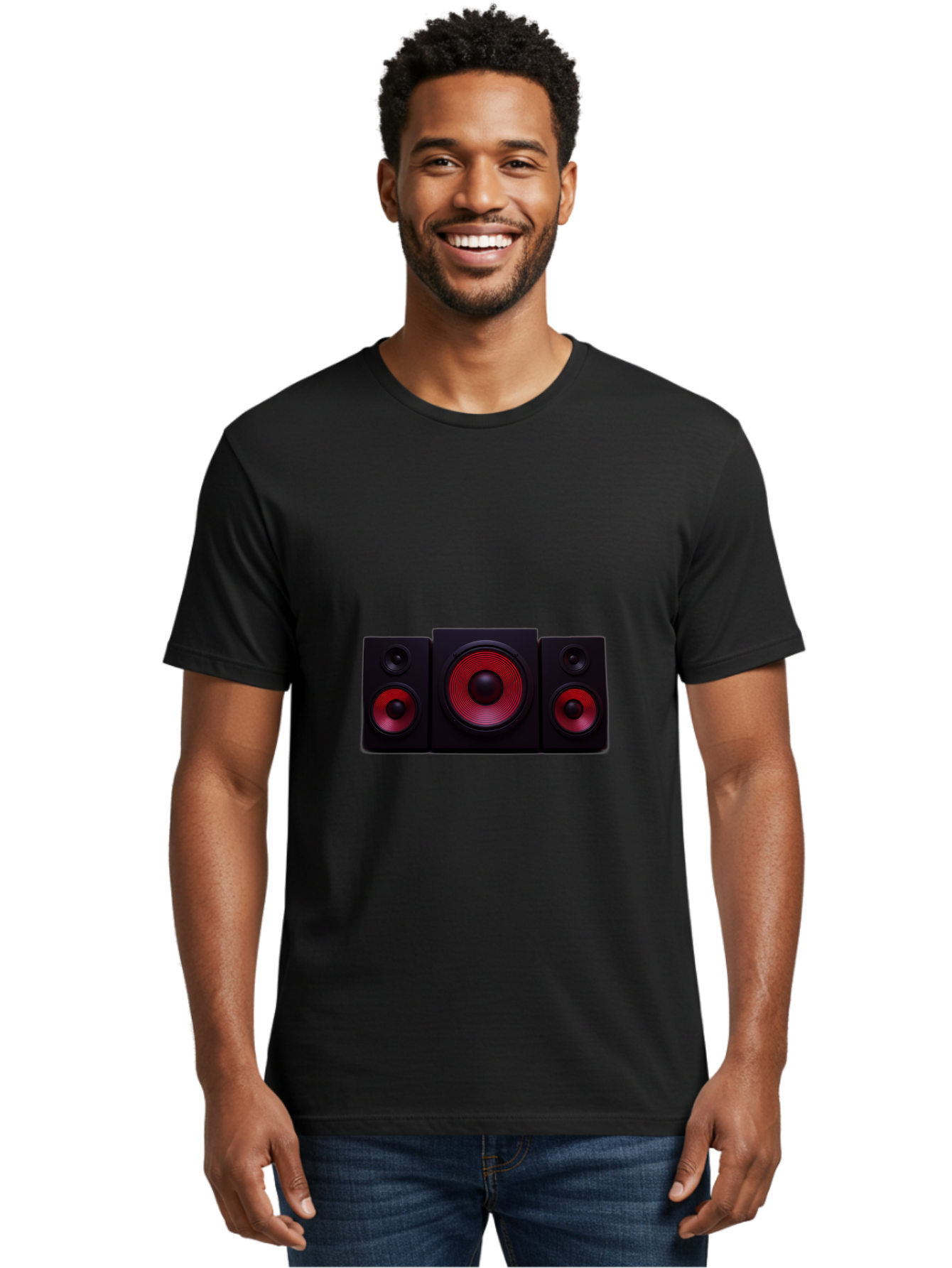 Stereo-Speakers Men'S Graphic Tee, 100% Cotton, Comfortable Casual Summer Wear, Machine Washable, Speaker System, Home Theater, Music Equipment, Audio Technology, Sound System, Subwoofer, Satellite Speakers, Black Speakers, Red Woofer, Bad726