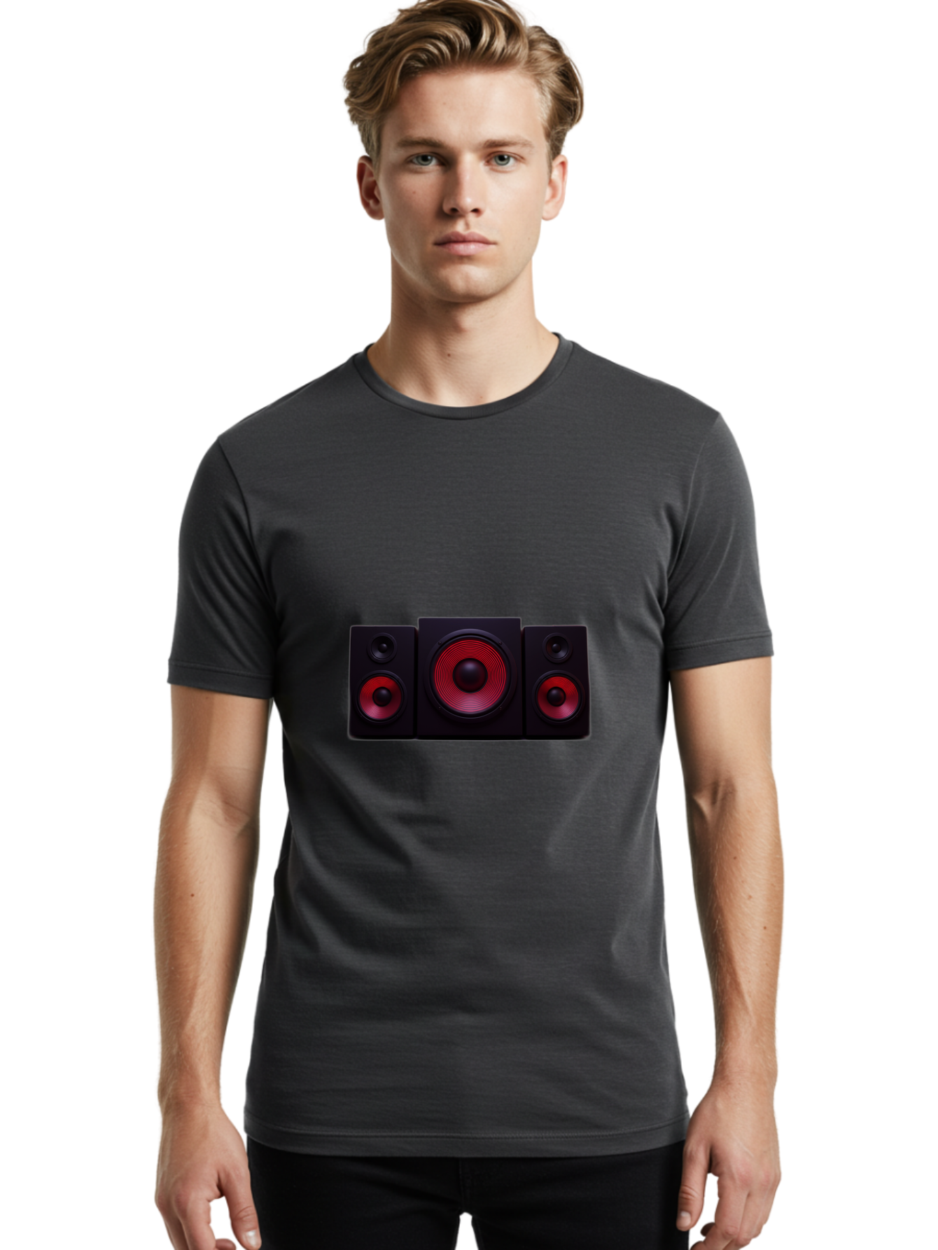 Stereo-Speakers Men'S Graphic Tee, 100% Cotton, Comfortable Casual Summer Wear, Machine Washable, Speaker System, Home Theater, Music Equipment, Audio Technology, Sound System, Subwoofer, Satellite Speakers, Black Speakers, Red Woofer, Bad726