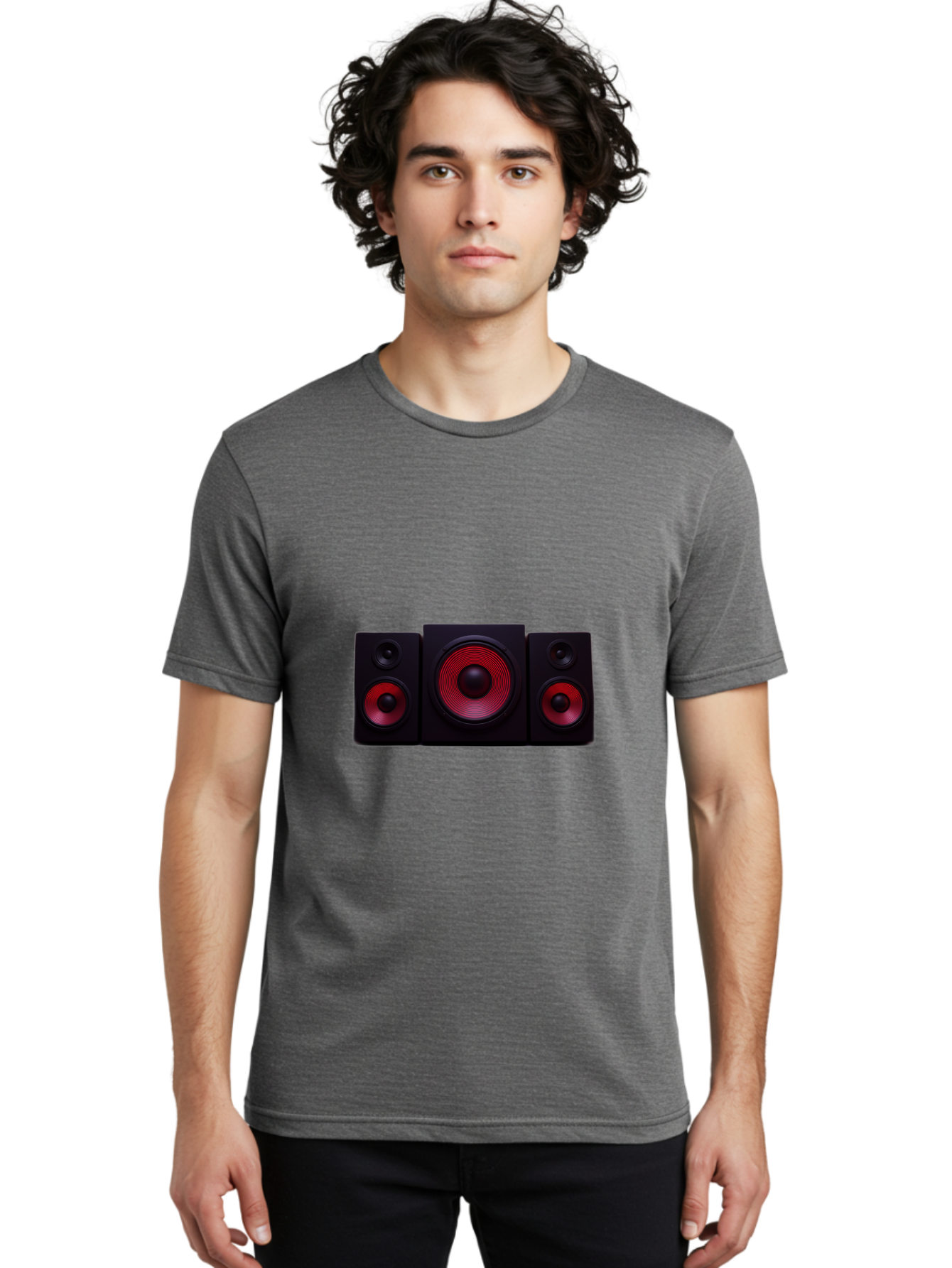 Stereo-Speakers Men'S Graphic Tee, 100% Cotton, Comfortable Casual Summer Wear, Machine Washable, Speaker System, Home Theater, Music Equipment, Audio Technology, Sound System, Subwoofer, Satellite Speakers, Black Speakers, Red Woofer, Bad726