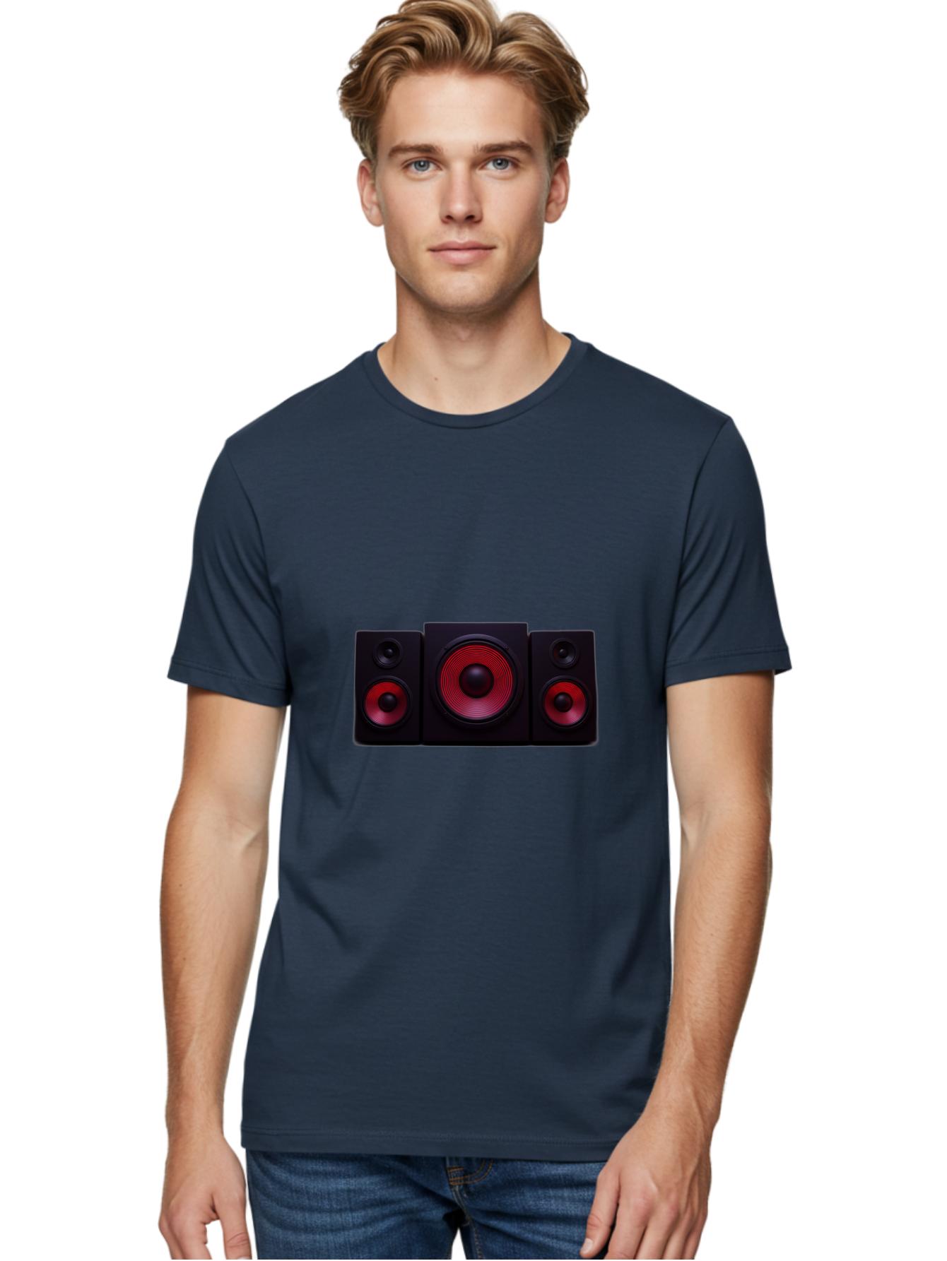 Stereo-Speakers Men'S Graphic Tee, 100% Cotton, Comfortable Casual Summer Wear, Machine Washable, Speaker System, Home Theater, Music Equipment, Audio Technology, Sound System, Subwoofer, Satellite Speakers, Black Speakers, Red Woofer, Bad726
