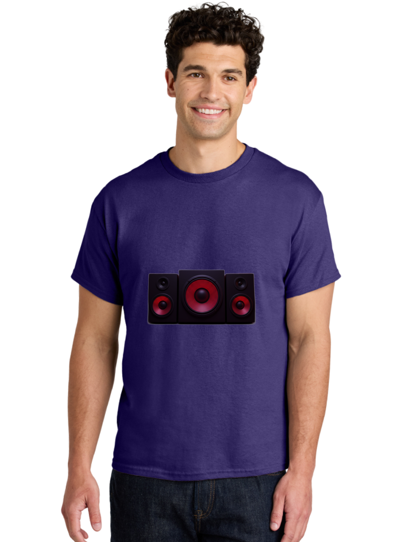 Stereo-Speakers Men'S Graphic Tee, 100% Cotton, Comfortable Casual Summer Wear, Machine Washable, Speaker System, Home Theater, Music Equipment, Audio Technology, Sound System, Subwoofer, Satellite Speakers, Black Speakers, Red Woofer, Bad726