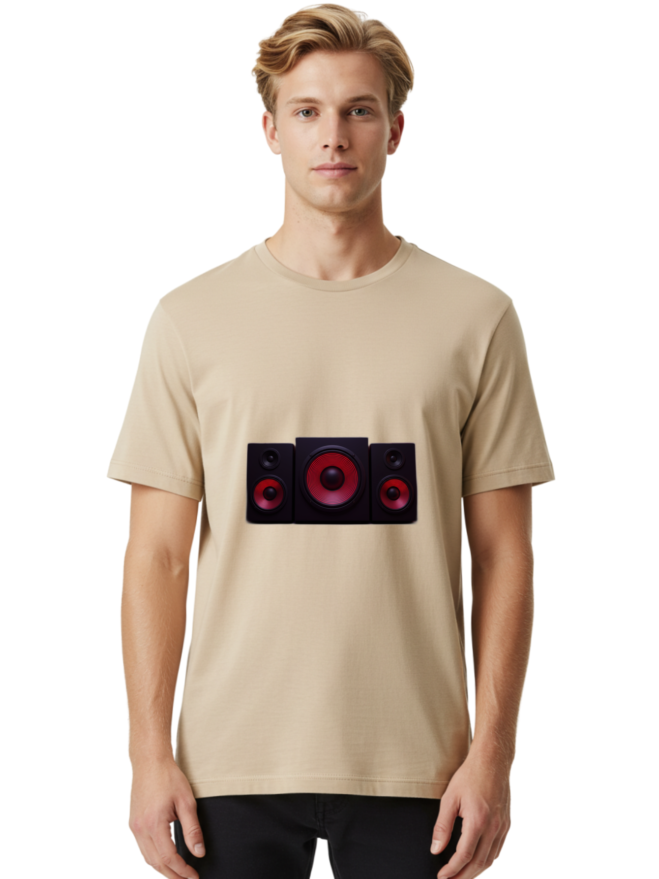 Stereo-Speakers Men'S Graphic Tee, 100% Cotton, Comfortable Casual Summer Wear, Machine Washable, Speaker System, Home Theater, Music Equipment, Audio Technology, Sound System, Subwoofer, Satellite Speakers, Black Speakers, Red Woofer, Bad726