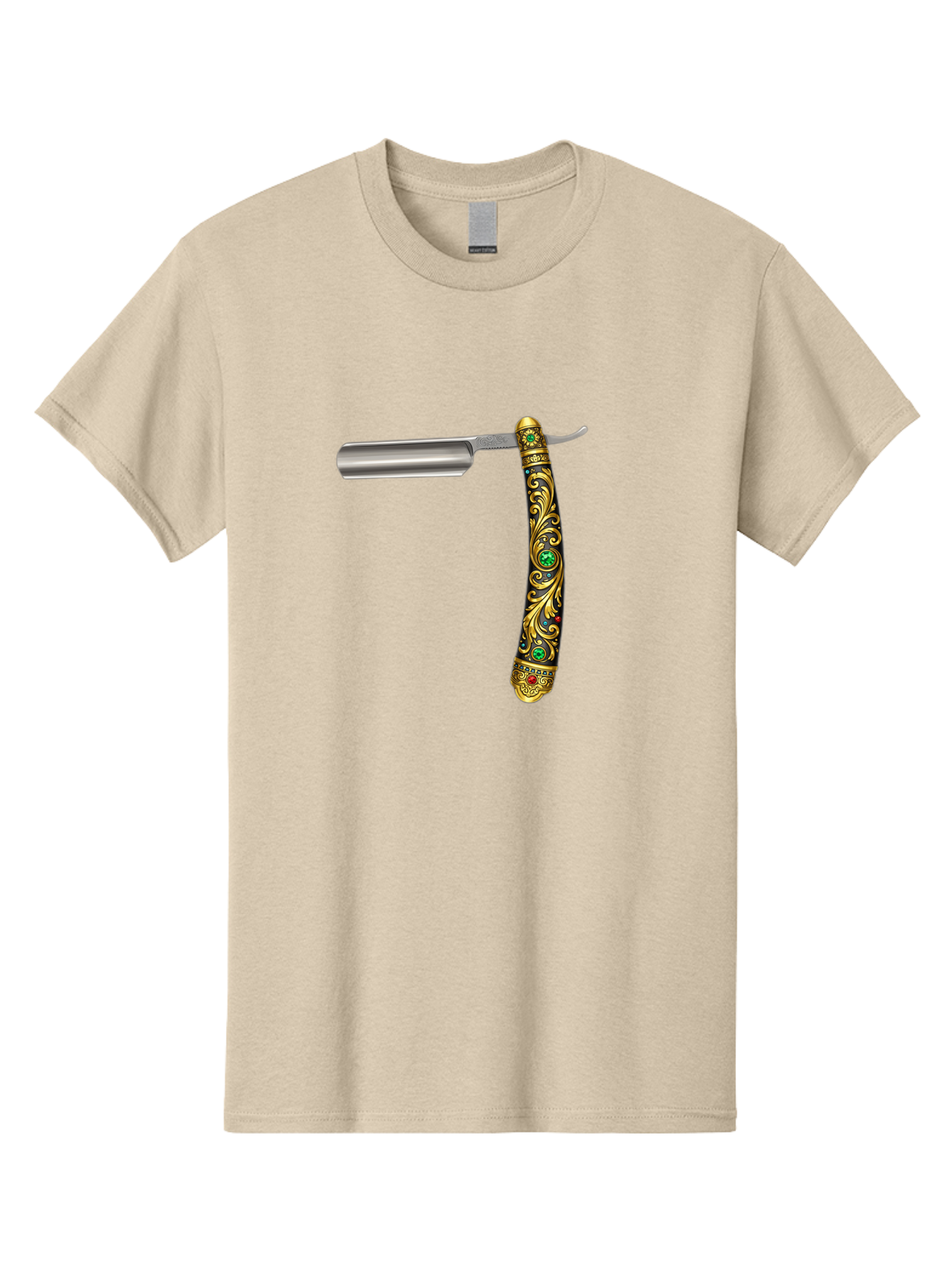 Straight-Razor-1 Men'S Graphic Tee, 100% Cotton, Comfortable Casual Summer Wear, Machine Washable, Straight Razor, Vintage Shaving, Antique Grooming, Luxurious Design, Ornate Handle, Emerald Gems, Gold Filigree, Classic Elegance, Bad727