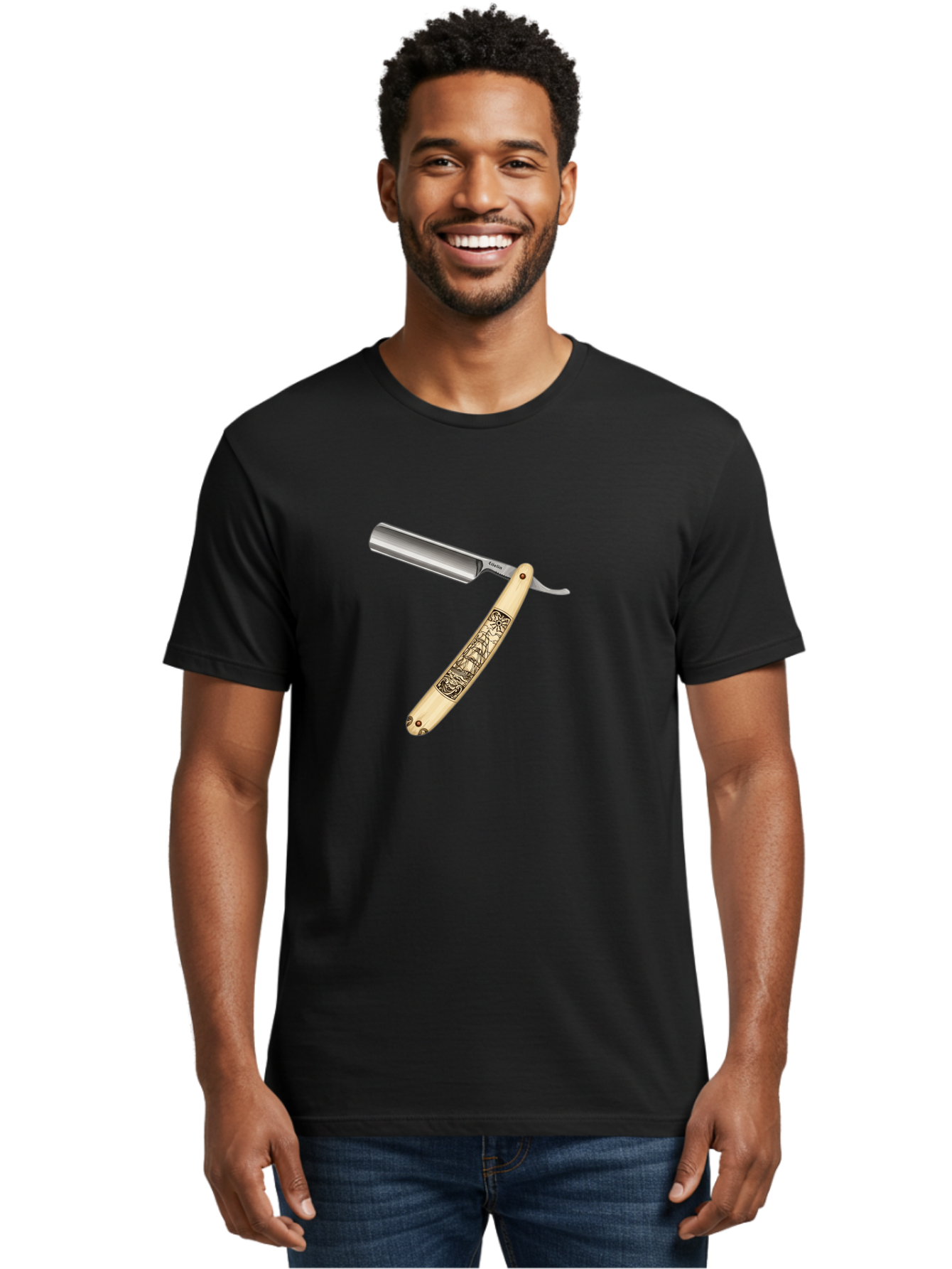 Straight-Razor-2 Men'S Graphic Tee, 100% Cotton, Comfortable Casual Summer Wear, Machine Washable, Straight Razor, Shaving Razor, Traditional Grooming, Vintage Design, Intricate Engravings, Sharp Blade, Precision Cutting, Stylish Accessories Bad728