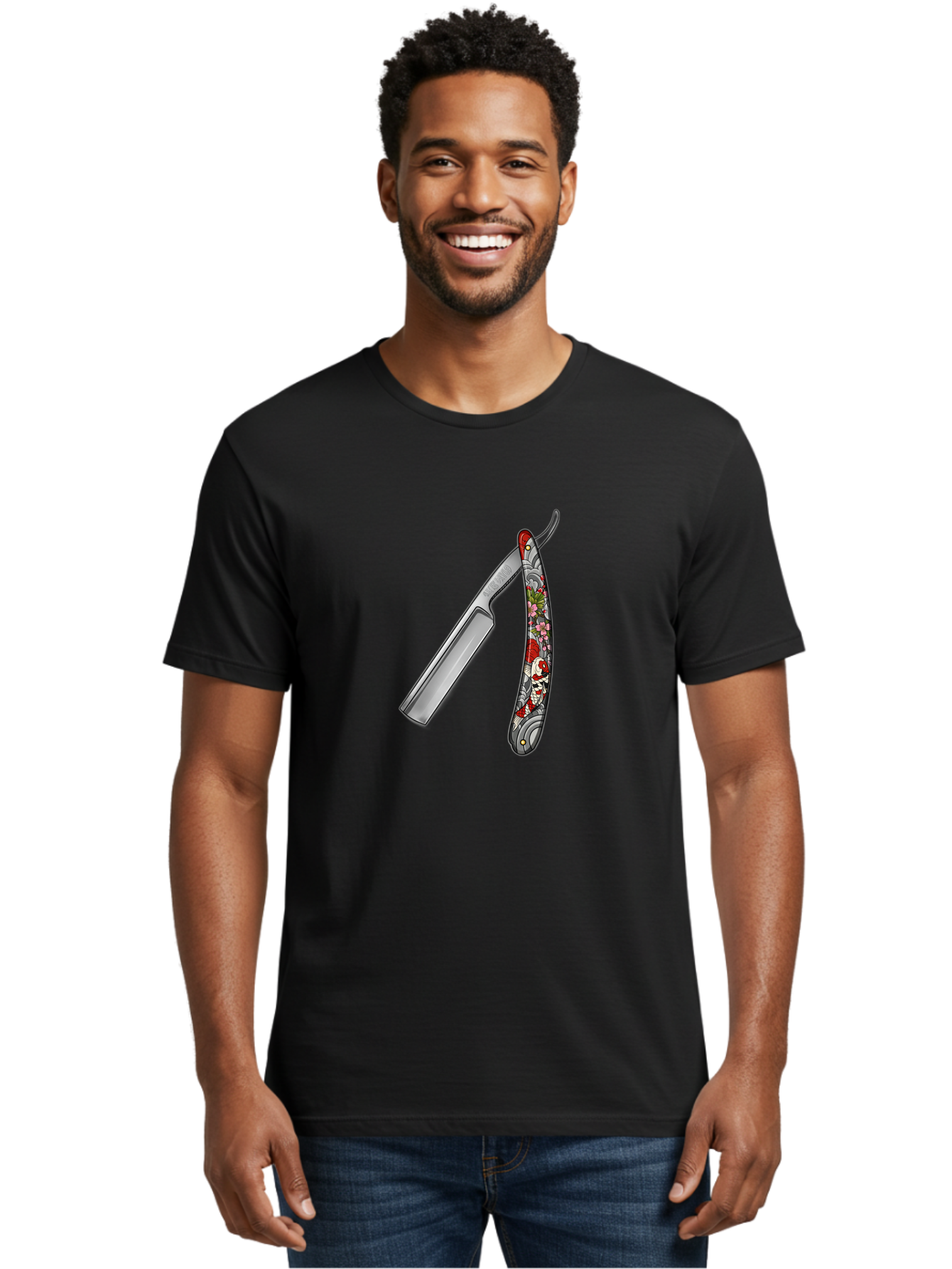 Straight-Razor-3 Men'S Graphic Tee, 100% Cotton, Comfortable Casual Summer Wear, Machine Washable, Straight Razor, Shaving Tool, Traditional Grooming, Floral Design, Vintage Style, Metal Blade, Ornate Handle, Grooming Essentials, Bad729