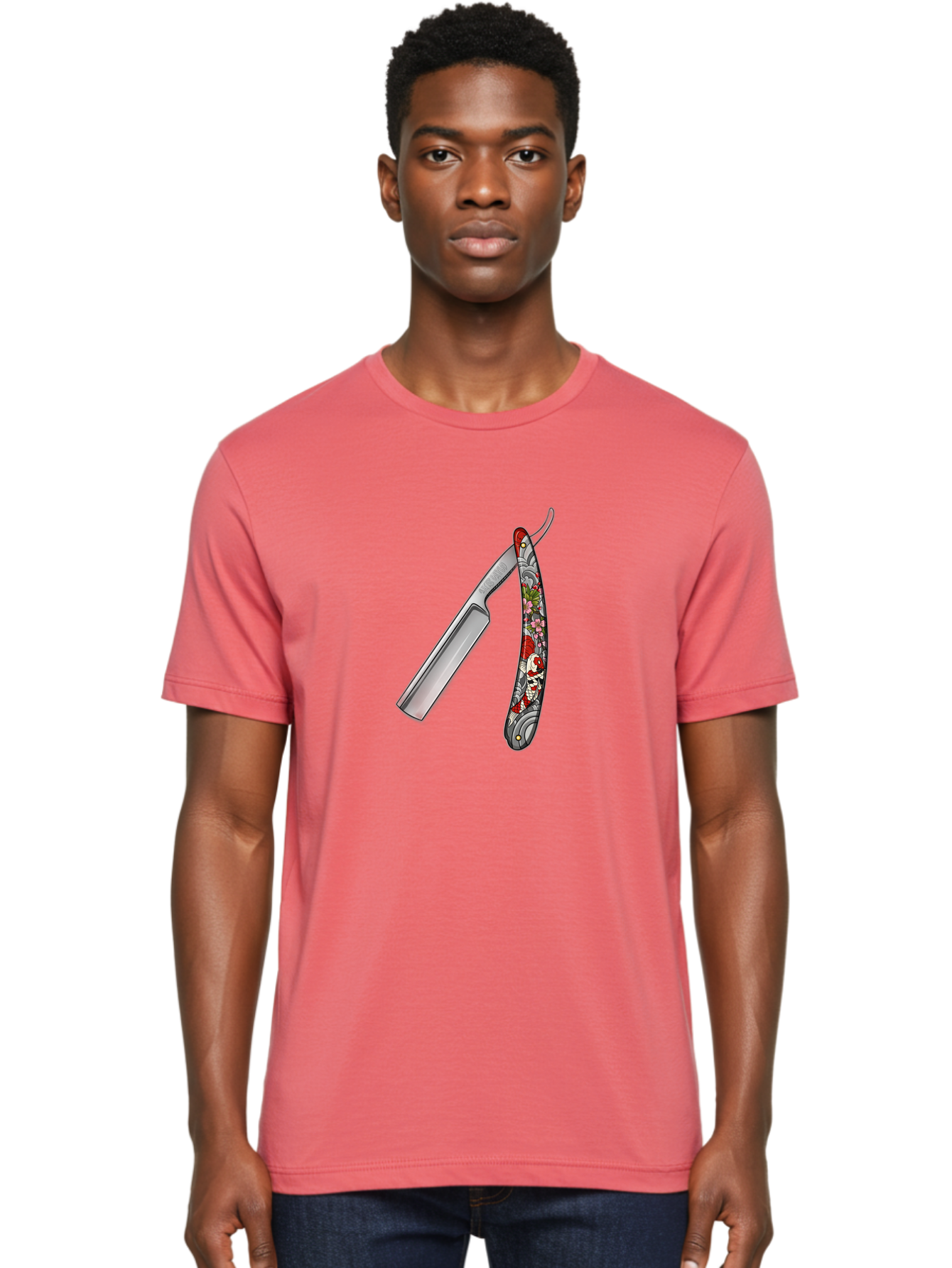 Straight-Razor-3 Men'S Graphic Tee, 100% Cotton, Comfortable Casual Summer Wear, Machine Washable, Straight Razor, Shaving Tool, Traditional Grooming, Floral Design, Vintage Style, Metal Blade, Ornate Handle, Grooming Essentials, Bad729
