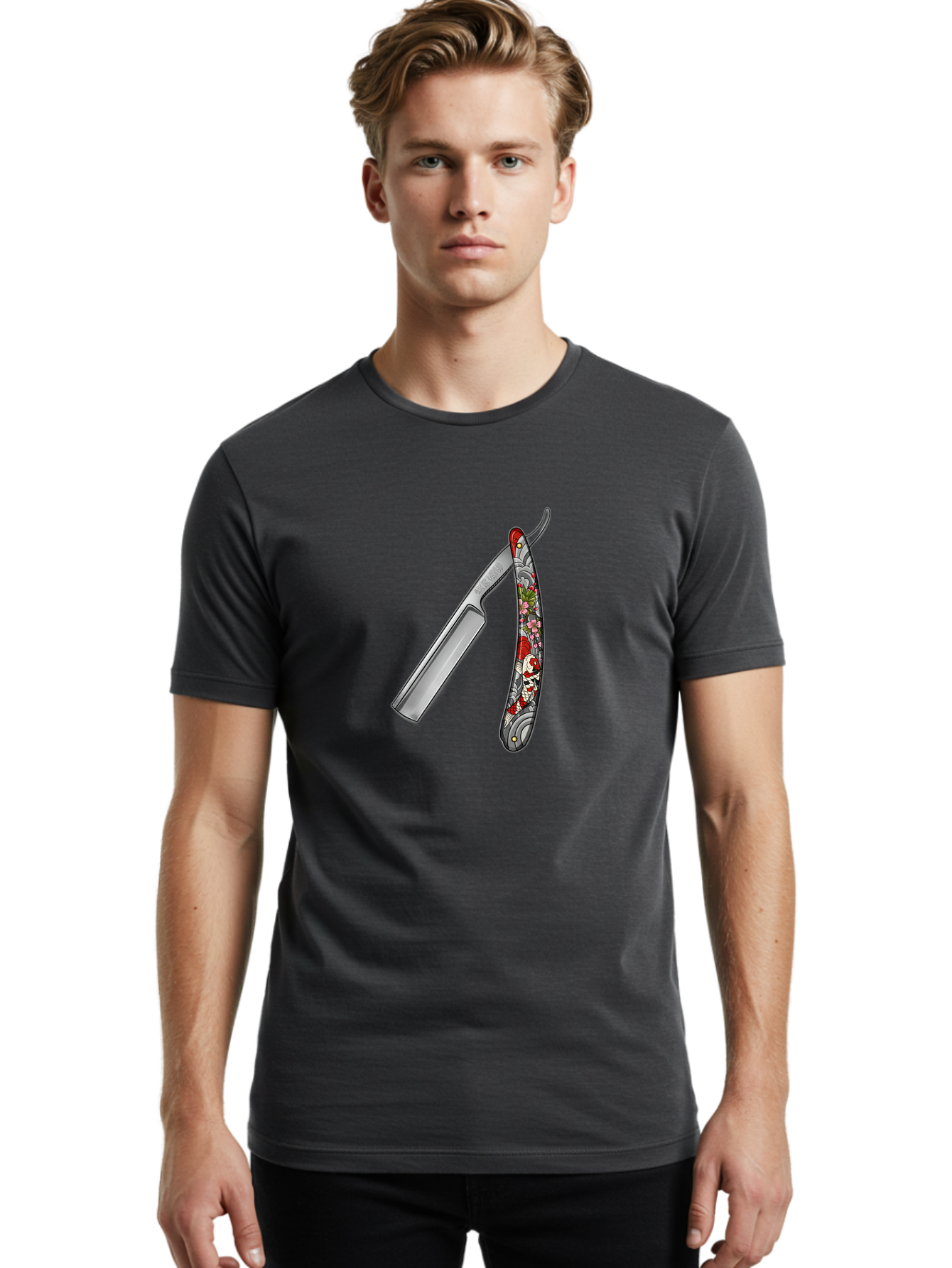 Straight-Razor-3 Men'S Graphic Tee, 100% Cotton, Comfortable Casual Summer Wear, Machine Washable, Straight Razor, Shaving Tool, Traditional Grooming, Floral Design, Vintage Style, Metal Blade, Ornate Handle, Grooming Essentials, Bad729