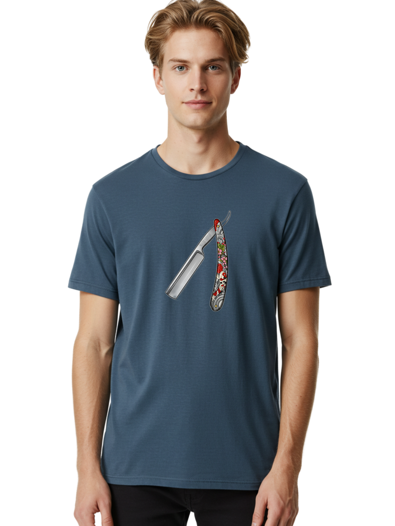 Straight-Razor-3 Men'S Graphic Tee, 100% Cotton, Comfortable Casual Summer Wear, Machine Washable, Straight Razor, Shaving Tool, Traditional Grooming, Floral Design, Vintage Style, Metal Blade, Ornate Handle, Grooming Essentials, Bad729