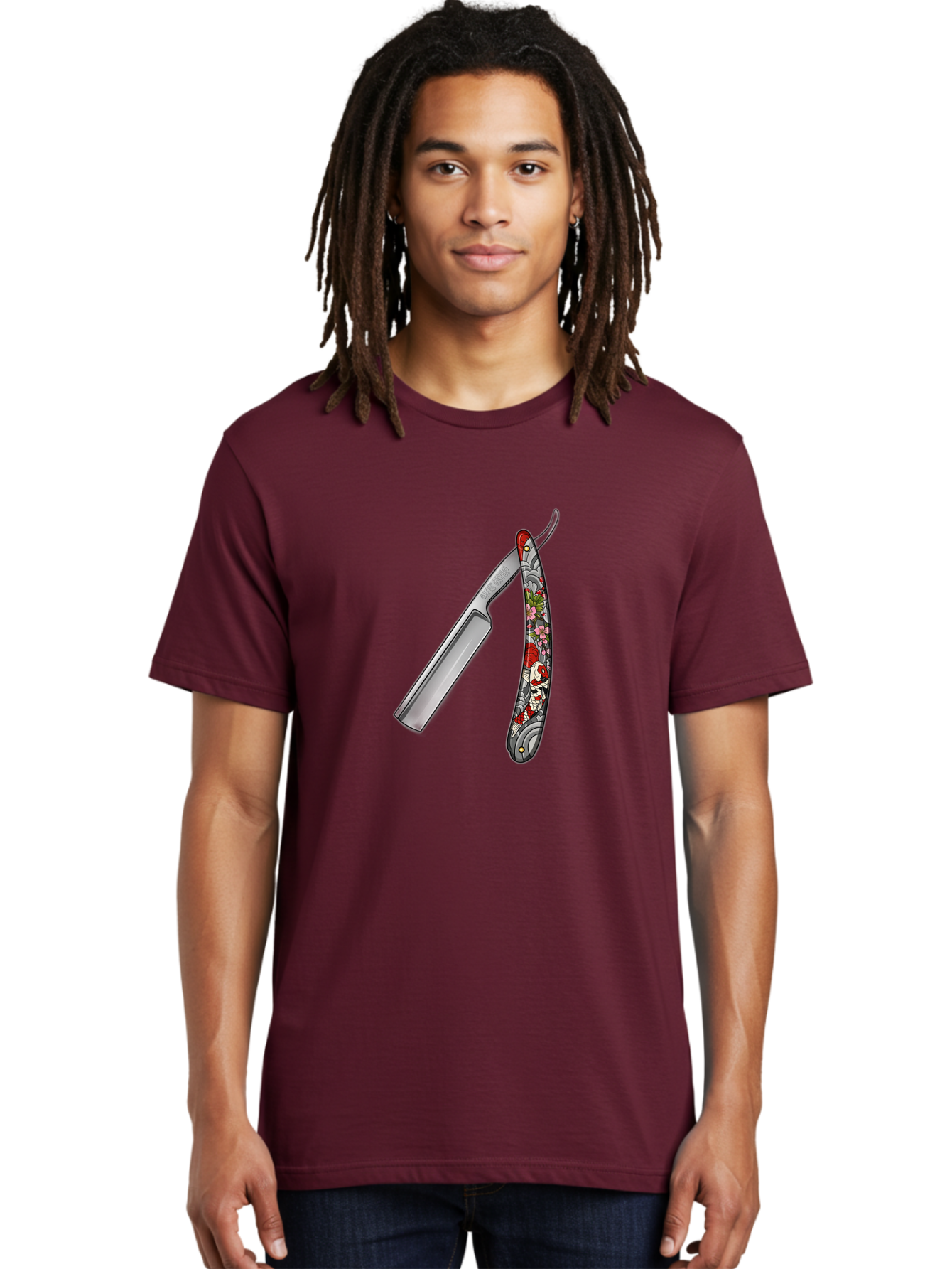 Straight-Razor-3 Men'S Graphic Tee, 100% Cotton, Comfortable Casual Summer Wear, Machine Washable, Straight Razor, Shaving Tool, Traditional Grooming, Floral Design, Vintage Style, Metal Blade, Ornate Handle, Grooming Essentials, Bad729