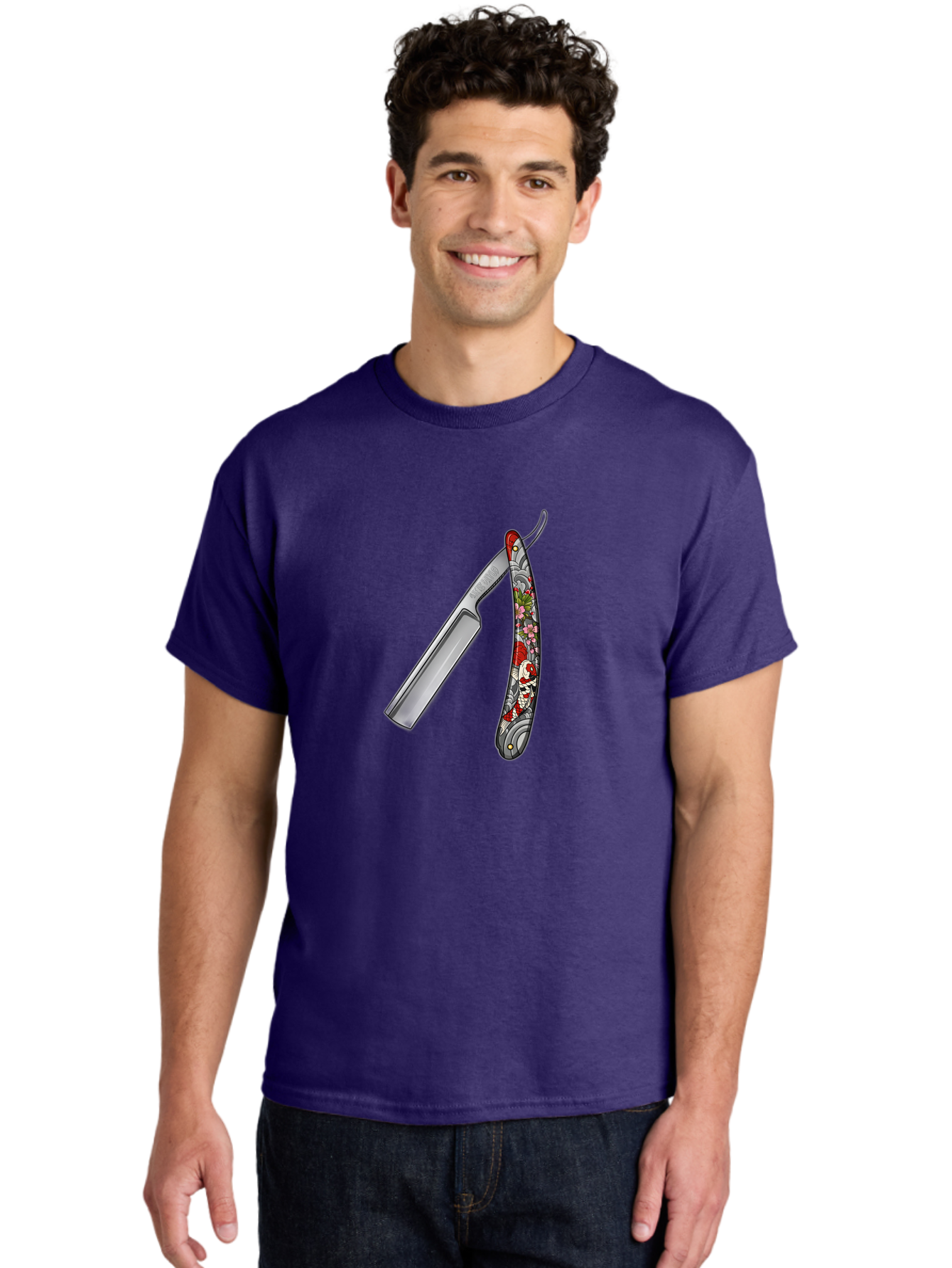 Straight-Razor-3 Men'S Graphic Tee, 100% Cotton, Comfortable Casual Summer Wear, Machine Washable, Straight Razor, Shaving Tool, Traditional Grooming, Floral Design, Vintage Style, Metal Blade, Ornate Handle, Grooming Essentials, Bad729