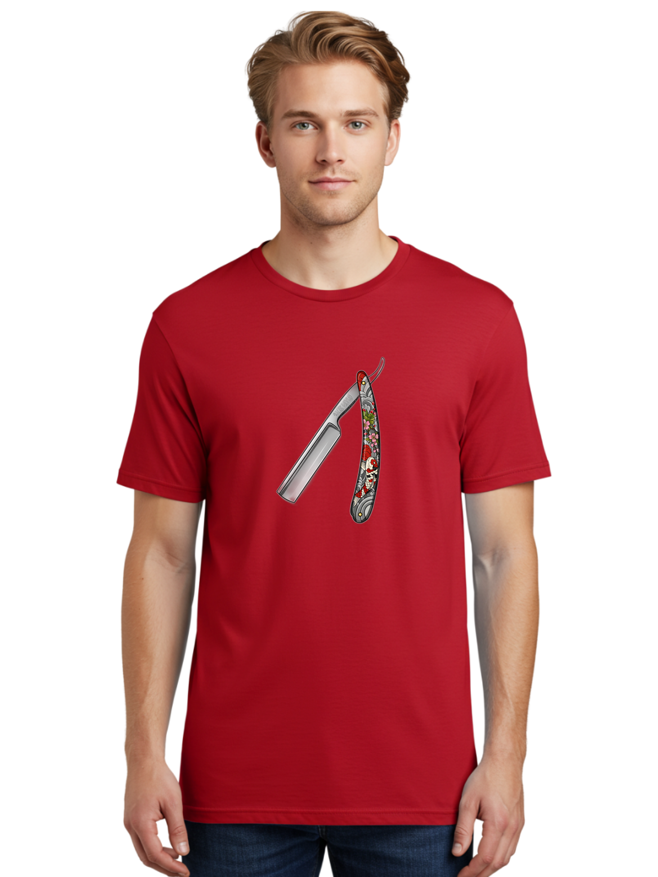 Straight-Razor-3 Men'S Graphic Tee, 100% Cotton, Comfortable Casual Summer Wear, Machine Washable, Straight Razor, Shaving Tool, Traditional Grooming, Floral Design, Vintage Style, Metal Blade, Ornate Handle, Grooming Essentials, Bad729