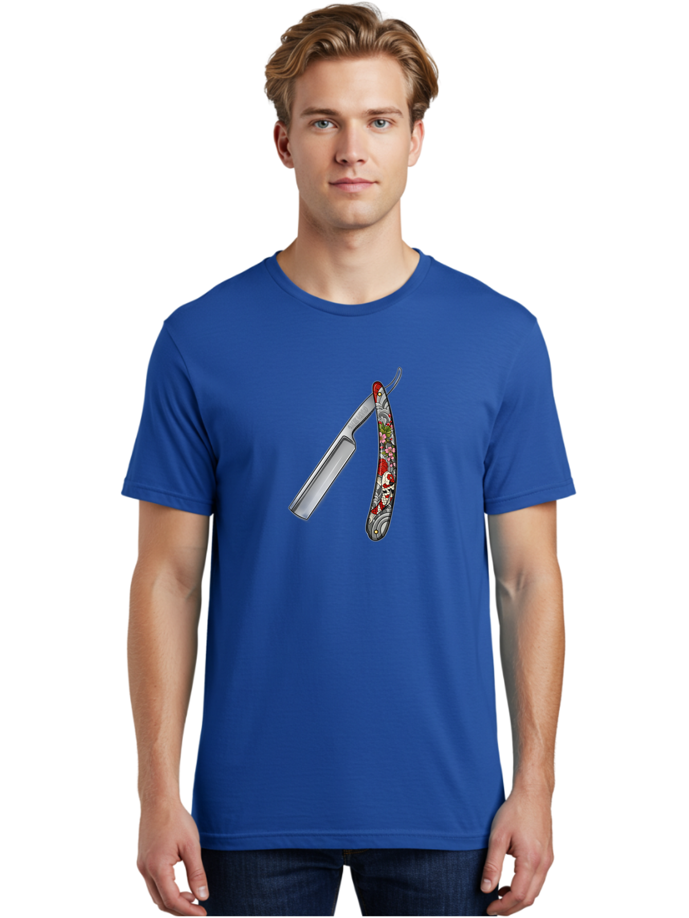 Straight-Razor-3 Men'S Graphic Tee, 100% Cotton, Comfortable Casual Summer Wear, Machine Washable, Straight Razor, Shaving Tool, Traditional Grooming, Floral Design, Vintage Style, Metal Blade, Ornate Handle, Grooming Essentials, Bad729
