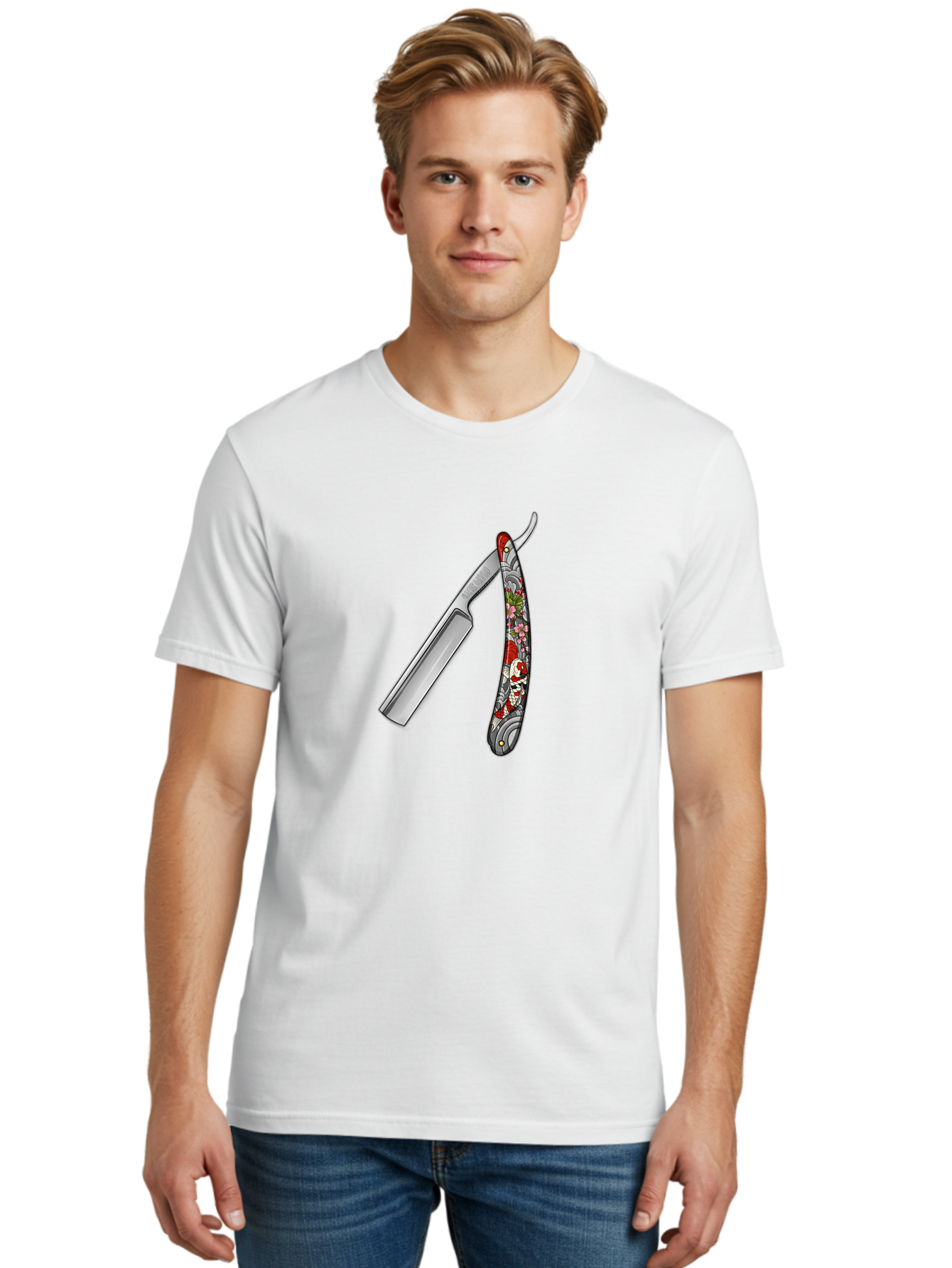 Straight-Razor-3 Men'S Graphic Tee, 100% Cotton, Comfortable Casual Summer Wear, Machine Washable, Straight Razor, Shaving Tool, Traditional Grooming, Floral Design, Vintage Style, Metal Blade, Ornate Handle, Grooming Essentials, Bad729