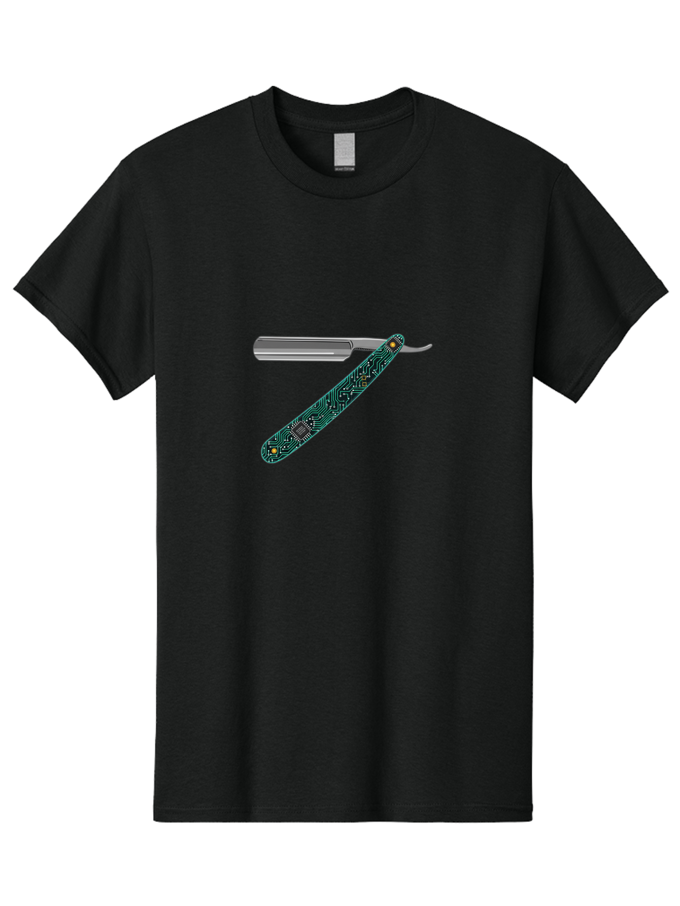 Straight-Razor-8 Men'S Graphic Tee, 100% Cotton, Comfortable Casual Summer Wear, Machine Washable, Straight Razor, Circuit Board Design, Silver Razor, Tech Meets Tradition, Precision Shaving, Modern Twist, Digital Integration, Sleek Metal Bad734