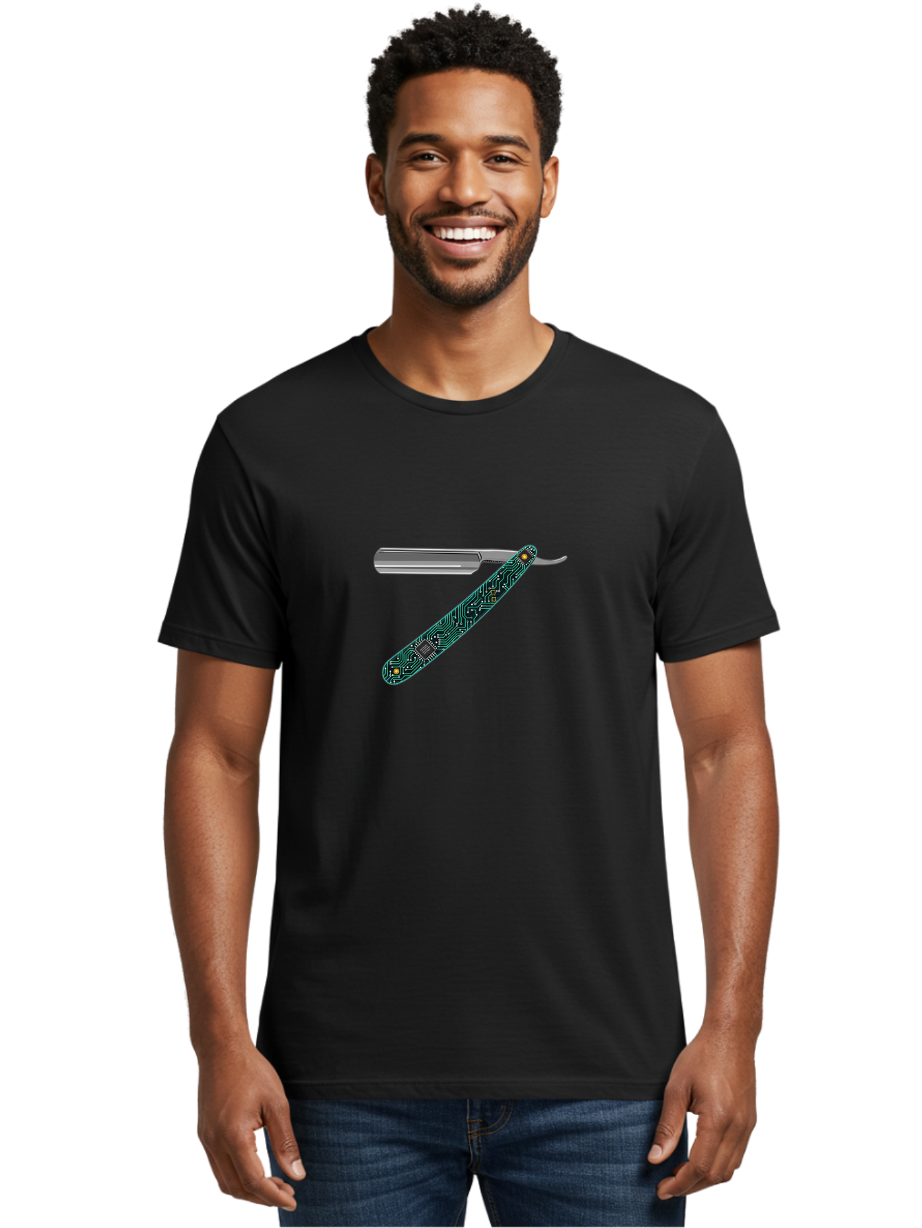 Straight-Razor-8 Men'S Graphic Tee, 100% Cotton, Comfortable Casual Summer Wear, Machine Washable, Straight Razor, Circuit Board Design, Silver Razor, Tech Meets Tradition, Precision Shaving, Modern Twist, Digital Integration, Sleek Metal Bad734