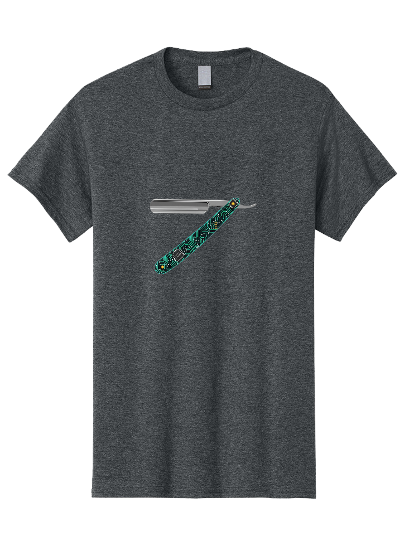 Straight-Razor-8 Men'S Graphic Tee, 100% Cotton, Comfortable Casual Summer Wear, Machine Washable, Straight Razor, Circuit Board Design, Silver Razor, Tech Meets Tradition, Precision Shaving, Modern Twist, Digital Integration, Sleek Metal Bad734