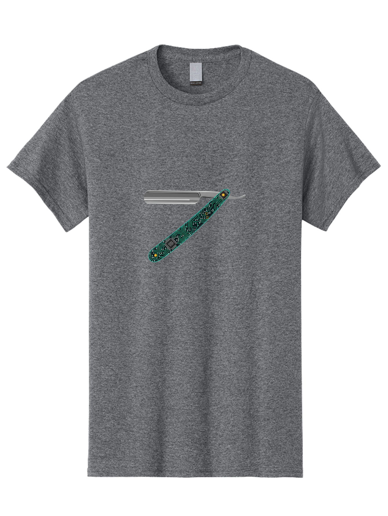 Straight-Razor-8 Men'S Graphic Tee, 100% Cotton, Comfortable Casual Summer Wear, Machine Washable, Straight Razor, Circuit Board Design, Silver Razor, Tech Meets Tradition, Precision Shaving, Modern Twist, Digital Integration, Sleek Metal Bad734