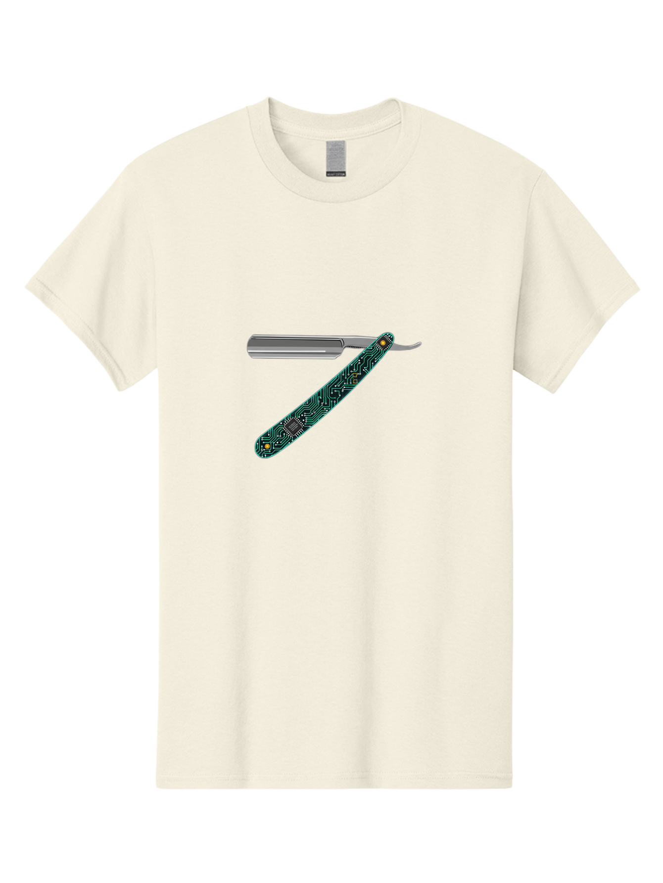 Straight-Razor-8 Men'S Graphic Tee, 100% Cotton, Comfortable Casual Summer Wear, Machine Washable, Straight Razor, Circuit Board Design, Silver Razor, Tech Meets Tradition, Precision Shaving, Modern Twist, Digital Integration, Sleek Metal Bad734