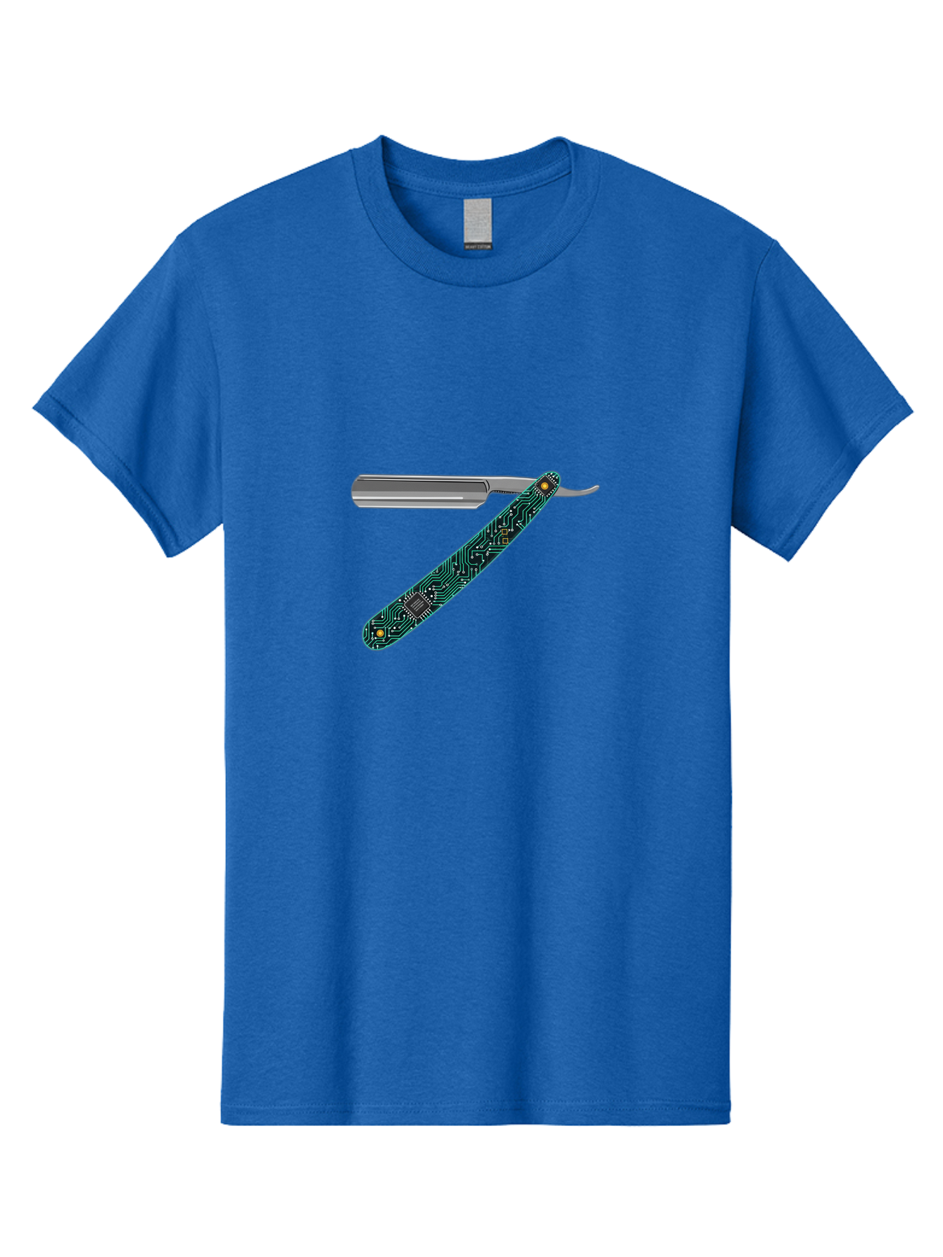 Straight-Razor-8 Men'S Graphic Tee, 100% Cotton, Comfortable Casual Summer Wear, Machine Washable, Straight Razor, Circuit Board Design, Silver Razor, Tech Meets Tradition, Precision Shaving, Modern Twist, Digital Integration, Sleek Metal Bad734