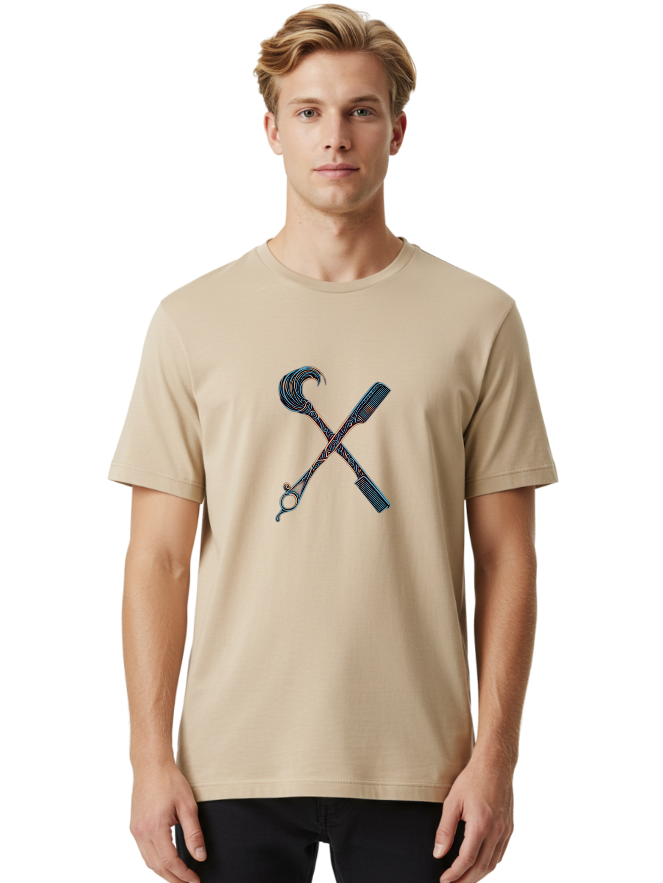 Straight-Razor-And-Comb Men'S Graphic Tee, 100% Cotton, Comfortable Casual Summer Wear, Machine Washable, Crossed Straight Razor Scissors, Comb, Barber Tools, Vintage Design, Intricate Patterns, Traditional Grooming, Classic Style, Bad735
