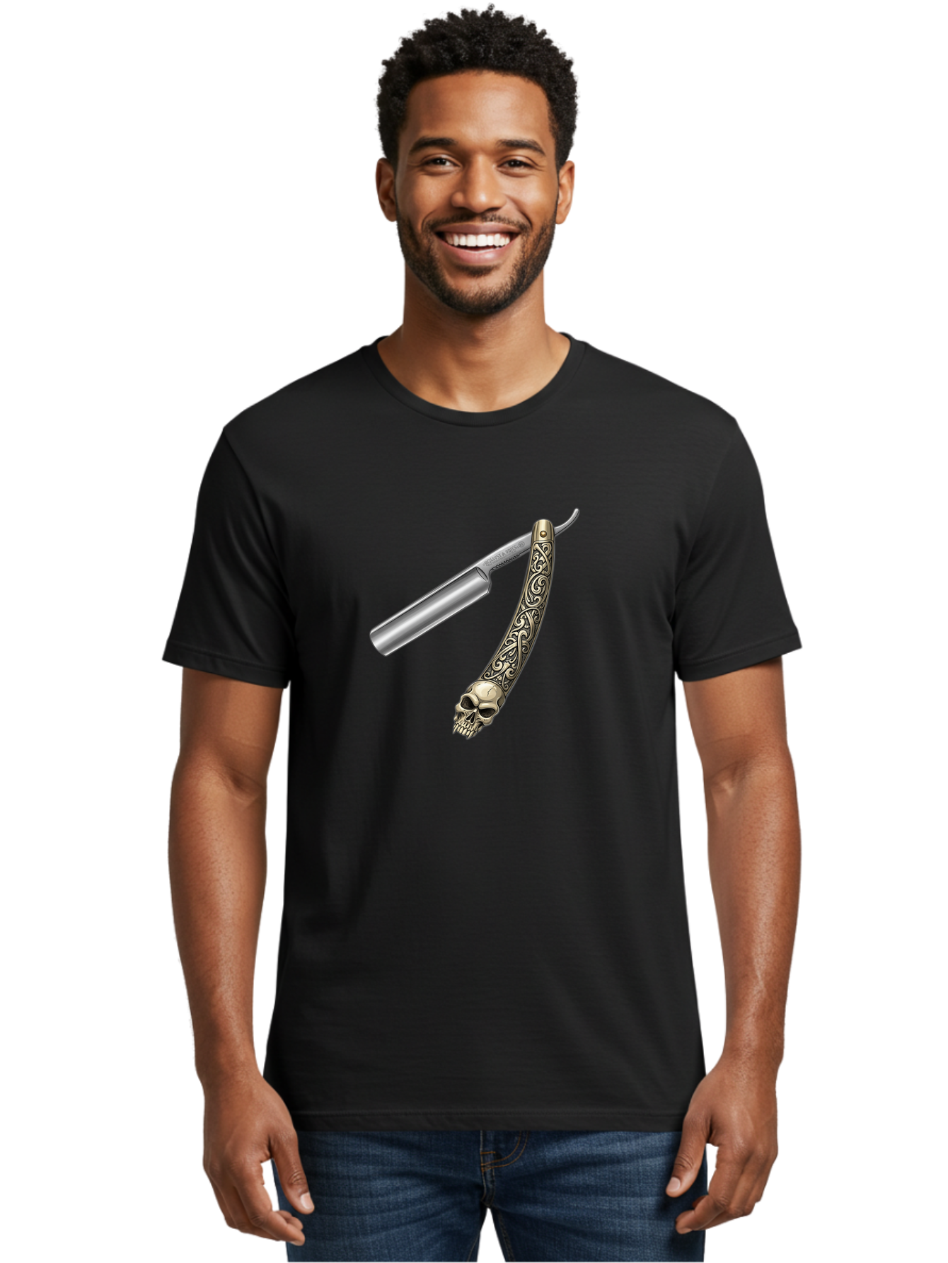 Straight-Razor-With-Skull Men'S Graphic Tee, 100% Cotton, Comfortable Casual Summer Wear, Machine Washable, Straight Razor, Skull Handle, Ornate Design, Vintage Style, Metal Craftsmanship, Traditional Shaving, Edgy Grooming, Unique Accessory Bad736