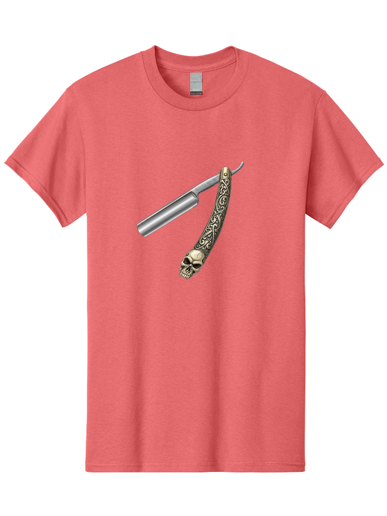 Straight-Razor-With-Skull Men'S Graphic Tee, 100% Cotton, Comfortable Casual Summer Wear, Machine Washable, Straight Razor, Skull Handle, Ornate Design, Vintage Style, Metal Craftsmanship, Traditional Shaving, Edgy Grooming, Unique Accessory Bad736