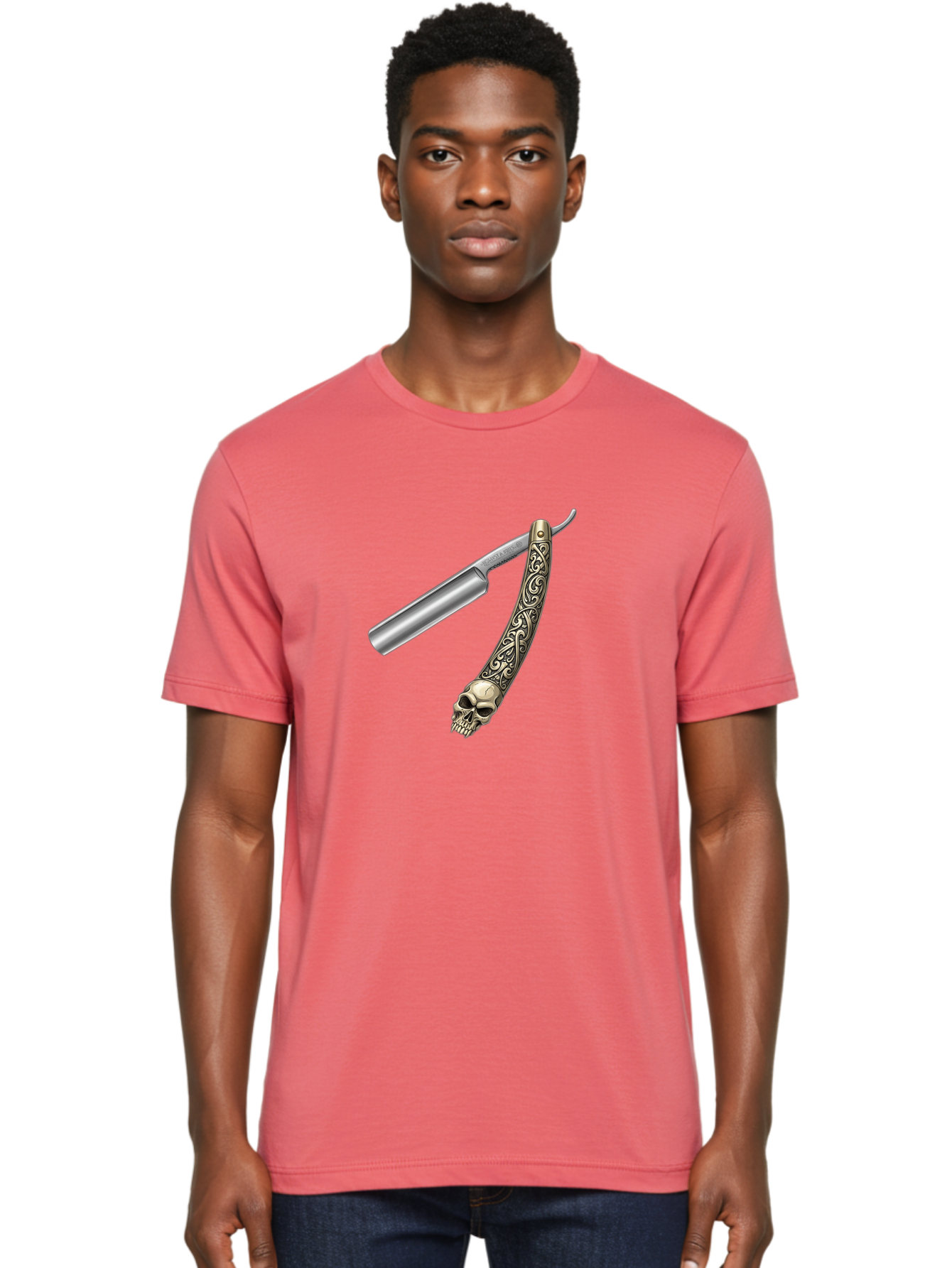 Straight-Razor-With-Skull Men'S Graphic Tee, 100% Cotton, Comfortable Casual Summer Wear, Machine Washable, Straight Razor, Skull Handle, Ornate Design, Vintage Style, Metal Craftsmanship, Traditional Shaving, Edgy Grooming, Unique Accessory Bad736