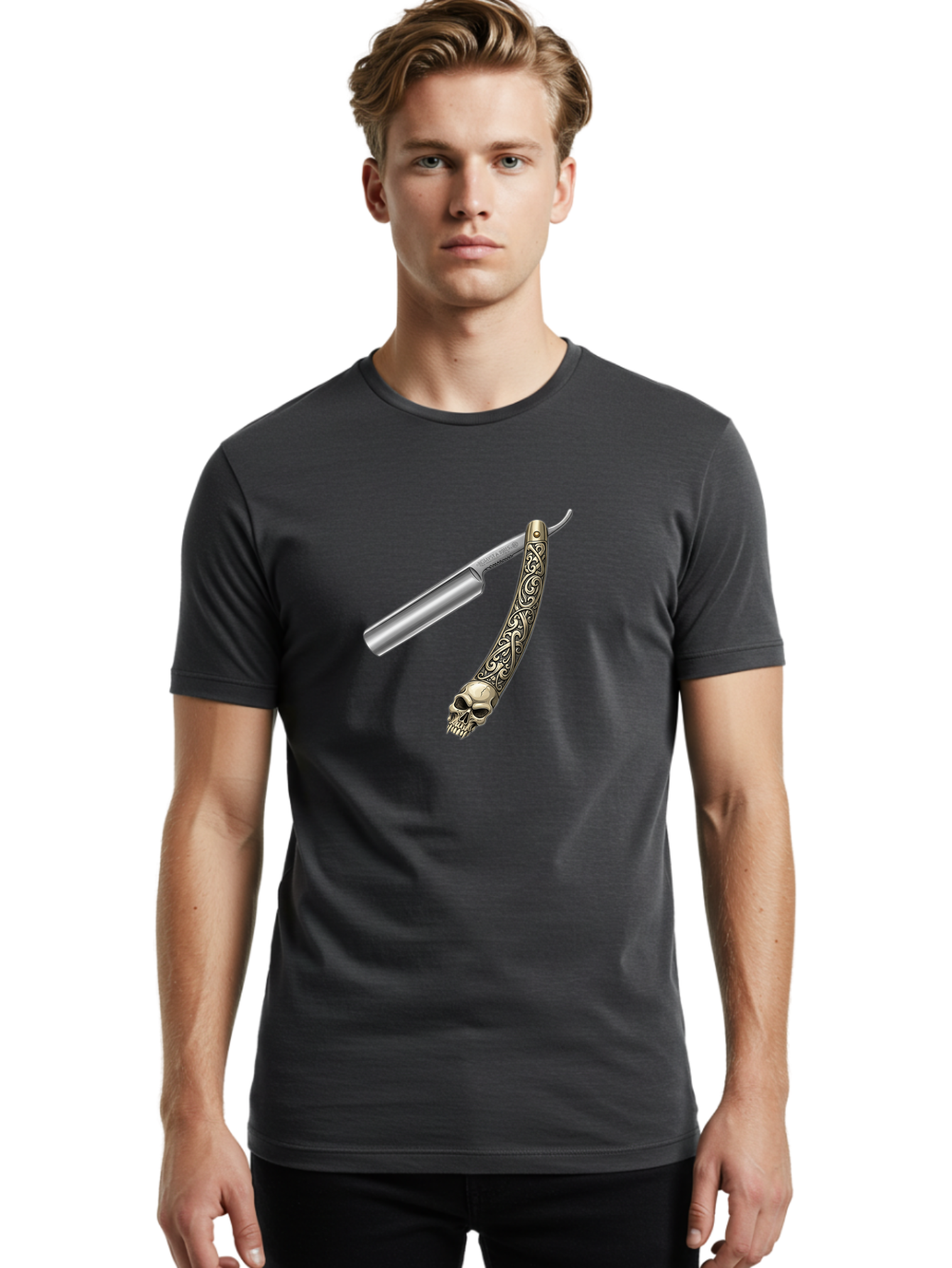 Straight-Razor-With-Skull Men'S Graphic Tee, 100% Cotton, Comfortable Casual Summer Wear, Machine Washable, Straight Razor, Skull Handle, Ornate Design, Vintage Style, Metal Craftsmanship, Traditional Shaving, Edgy Grooming, Unique Accessory Bad736