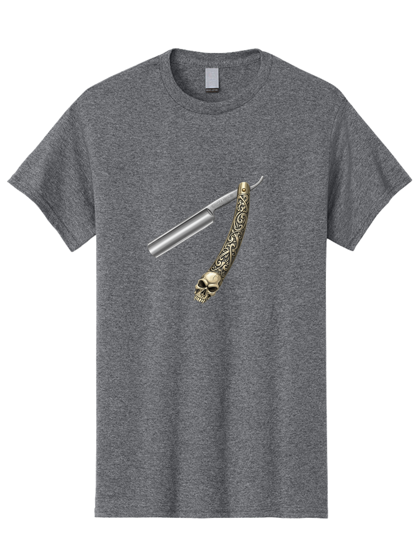 Straight-Razor-With-Skull Men'S Graphic Tee, 100% Cotton, Comfortable Casual Summer Wear, Machine Washable, Straight Razor, Skull Handle, Ornate Design, Vintage Style, Metal Craftsmanship, Traditional Shaving, Edgy Grooming, Unique Accessory Bad736