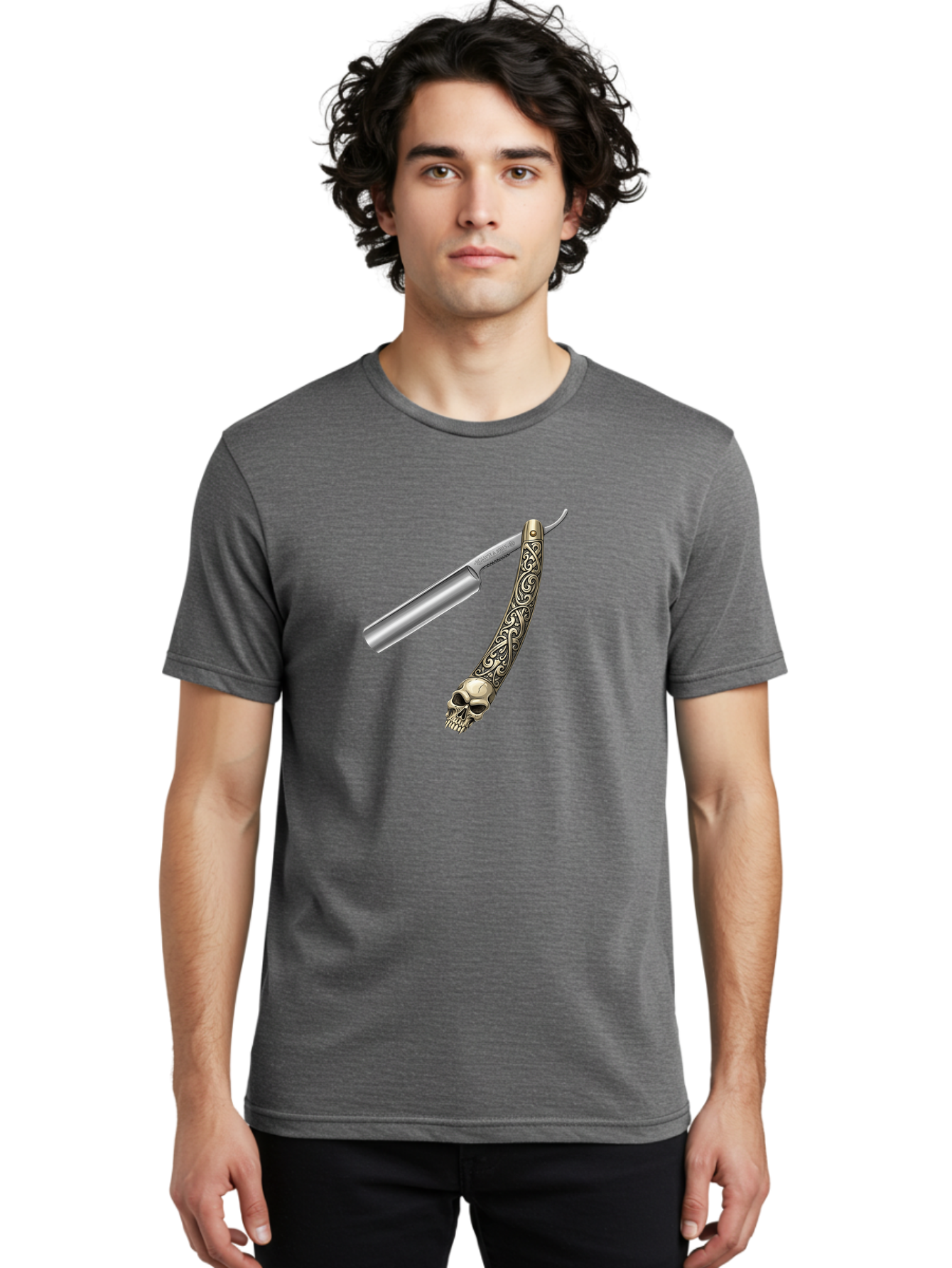 Straight-Razor-With-Skull Men'S Graphic Tee, 100% Cotton, Comfortable Casual Summer Wear, Machine Washable, Straight Razor, Skull Handle, Ornate Design, Vintage Style, Metal Craftsmanship, Traditional Shaving, Edgy Grooming, Unique Accessory Bad736