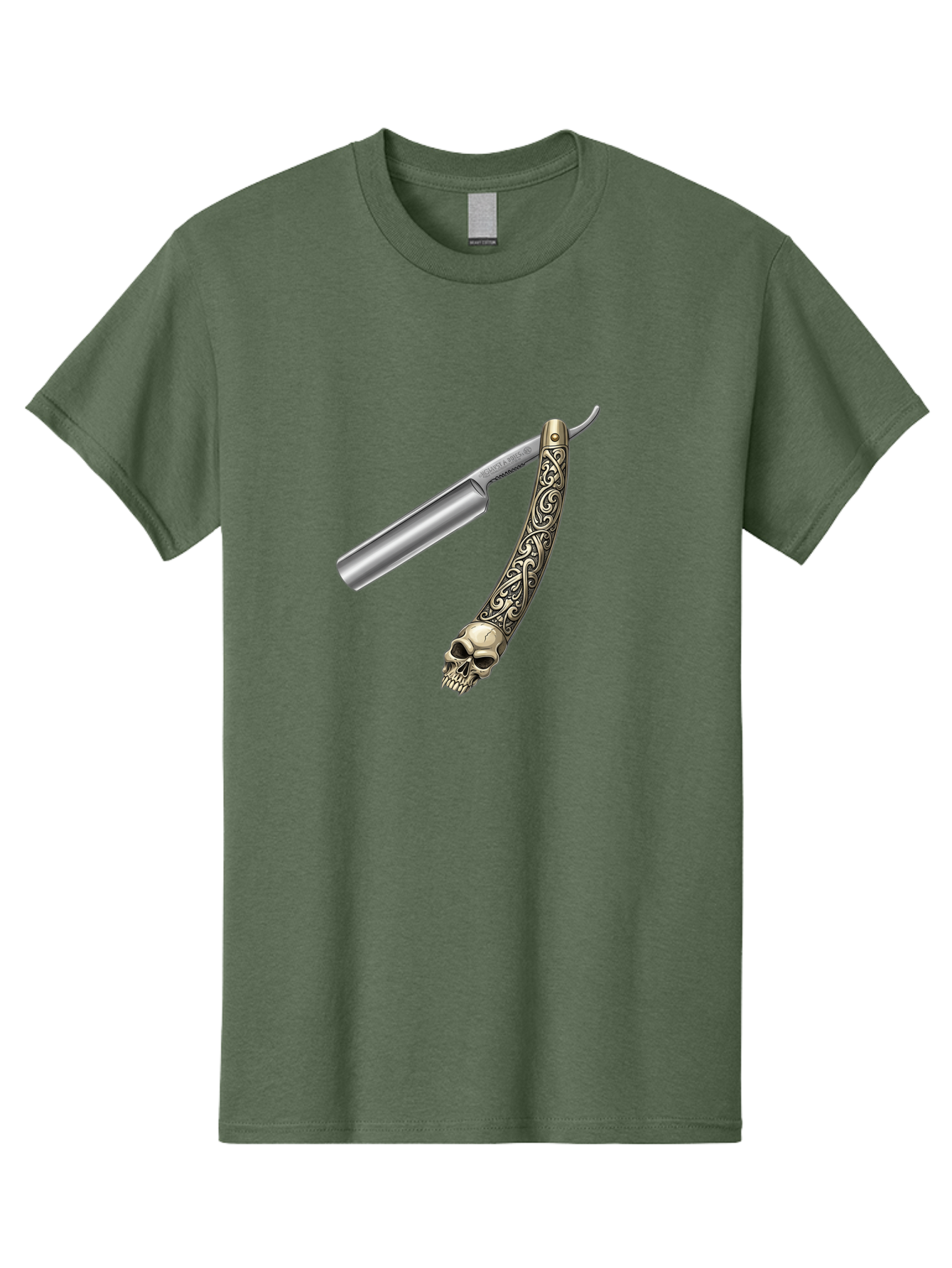 Straight-Razor-With-Skull Men'S Graphic Tee, 100% Cotton, Comfortable Casual Summer Wear, Machine Washable, Straight Razor, Skull Handle, Ornate Design, Vintage Style, Metal Craftsmanship, Traditional Shaving, Edgy Grooming, Unique Accessory Bad736