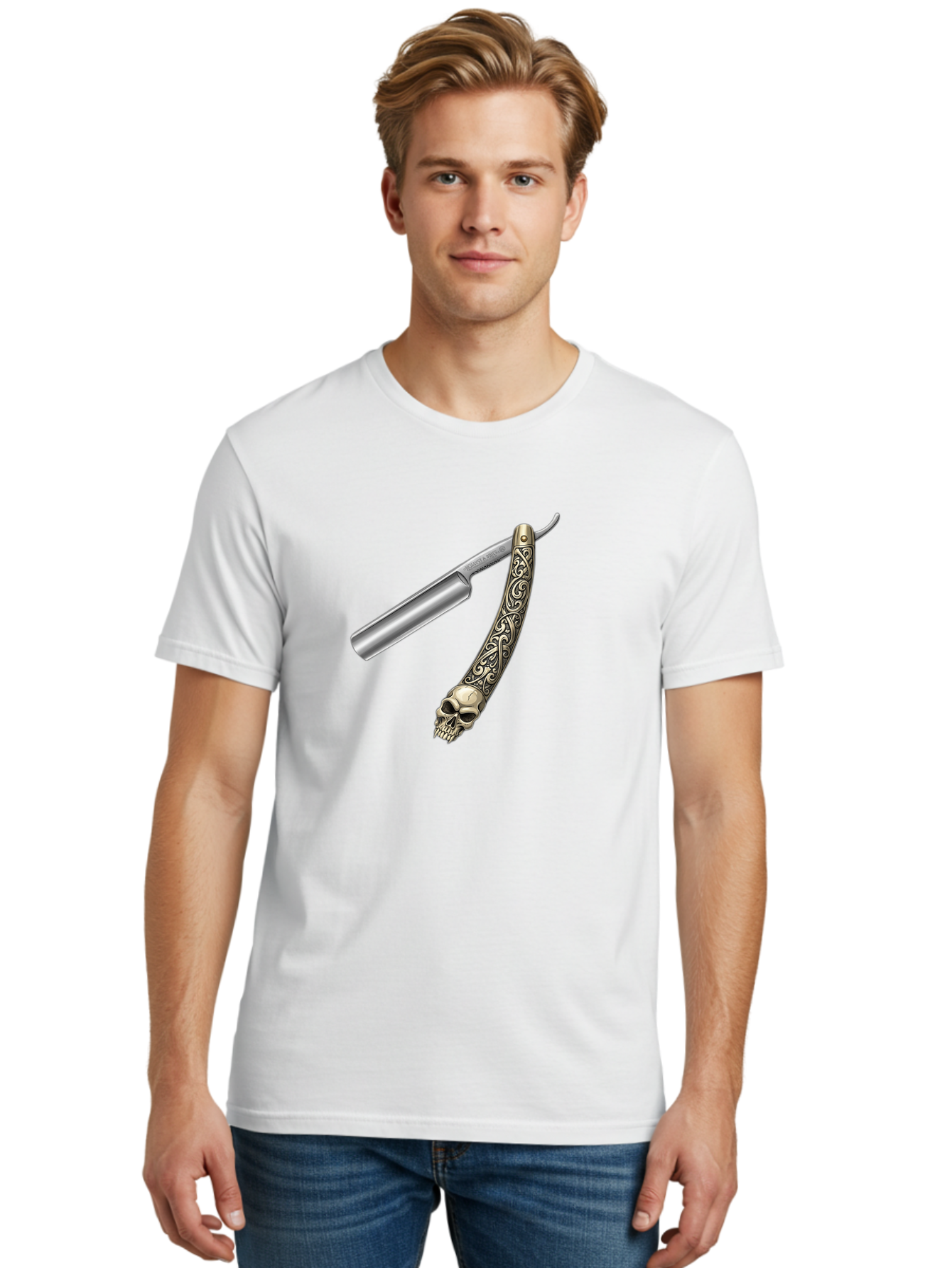 Straight-Razor-With-Skull Men'S Graphic Tee, 100% Cotton, Comfortable Casual Summer Wear, Machine Washable, Straight Razor, Skull Handle, Ornate Design, Vintage Style, Metal Craftsmanship, Traditional Shaving, Edgy Grooming, Unique Accessory Bad736