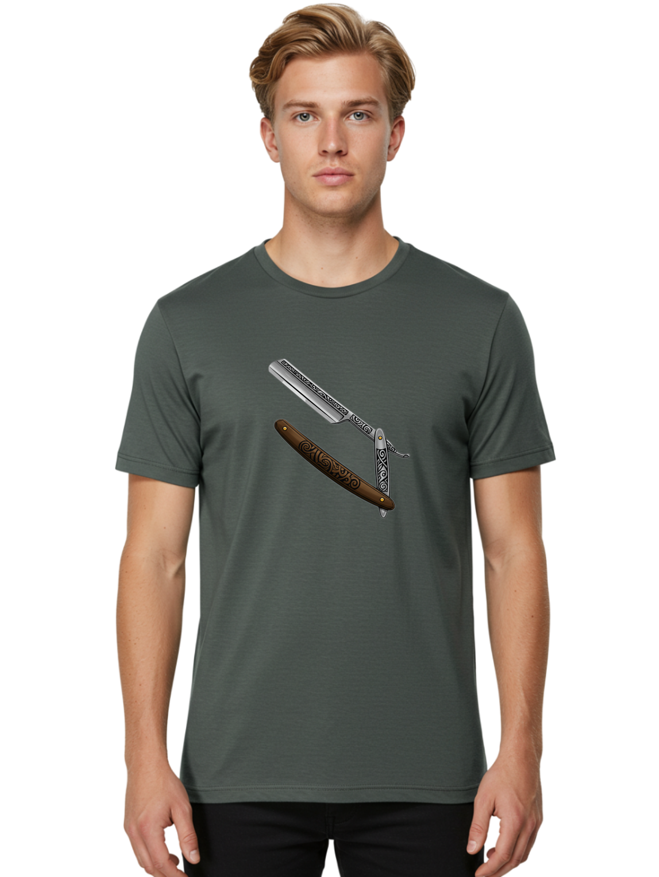 Straight-Razor Men'S Graphic Tee, 100% Cotton, Comfortable Casual Summer Wear, Machine Washable, Straight Razor, Shaving Razor, Vintage Grooming, Classic Shaving, Barber Tools, Ornate Design, Traditional Shaving, Men'S Grooming, Antique Razor Bad737
